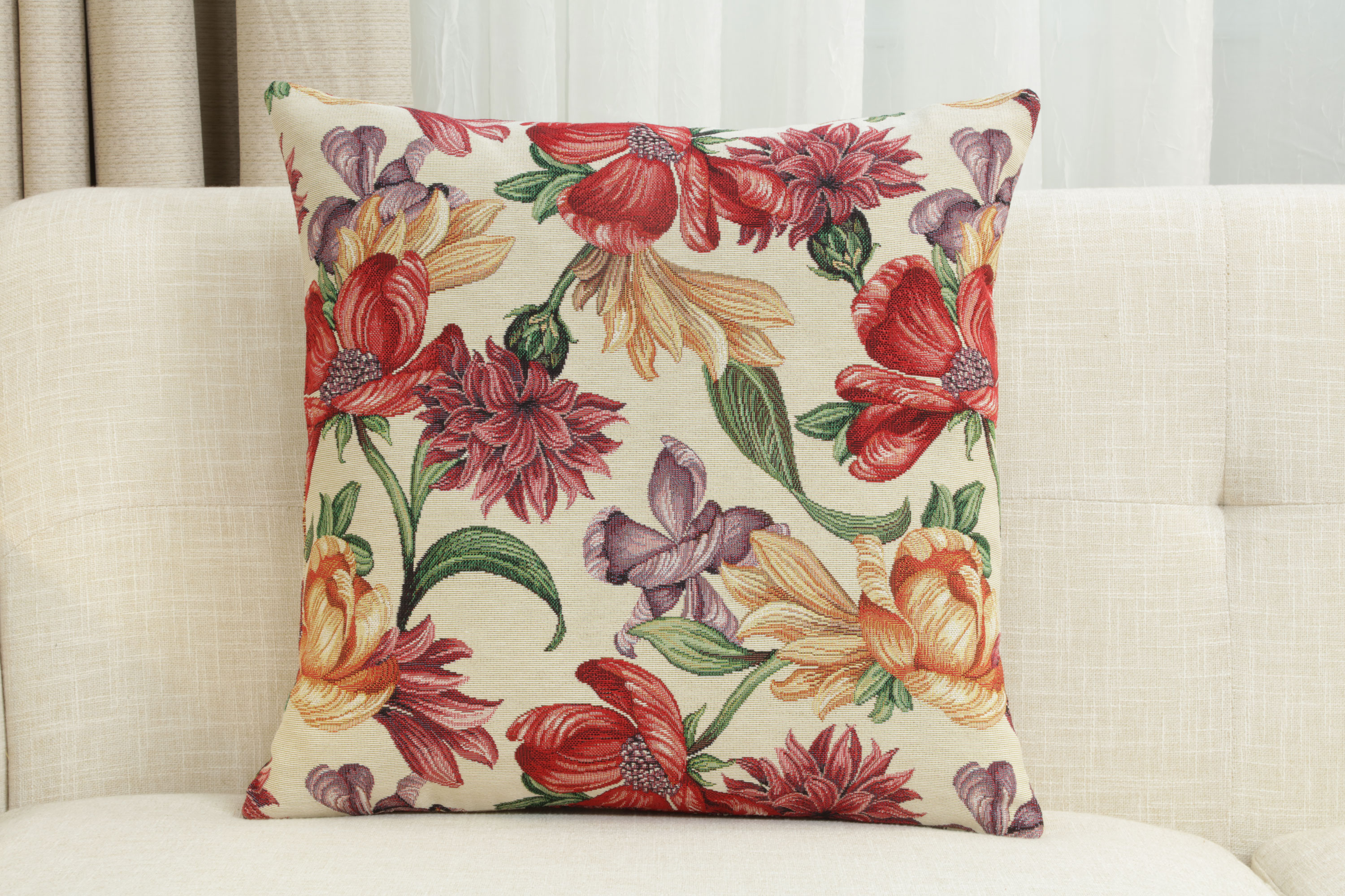 Floral Iris Blossoms Tapestry Pillow Cover 18x18 Inch Cotton Jacquard Woven Cushion Cover