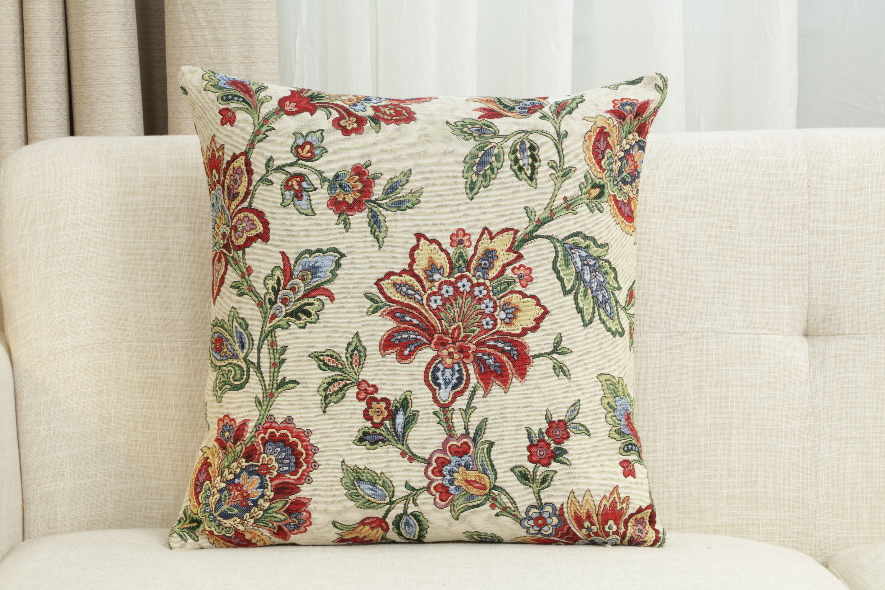 Shaila Floral European Tapestry Pillow Cover 18x18 Inch Cotton Jacquard Woven Cushion Cover