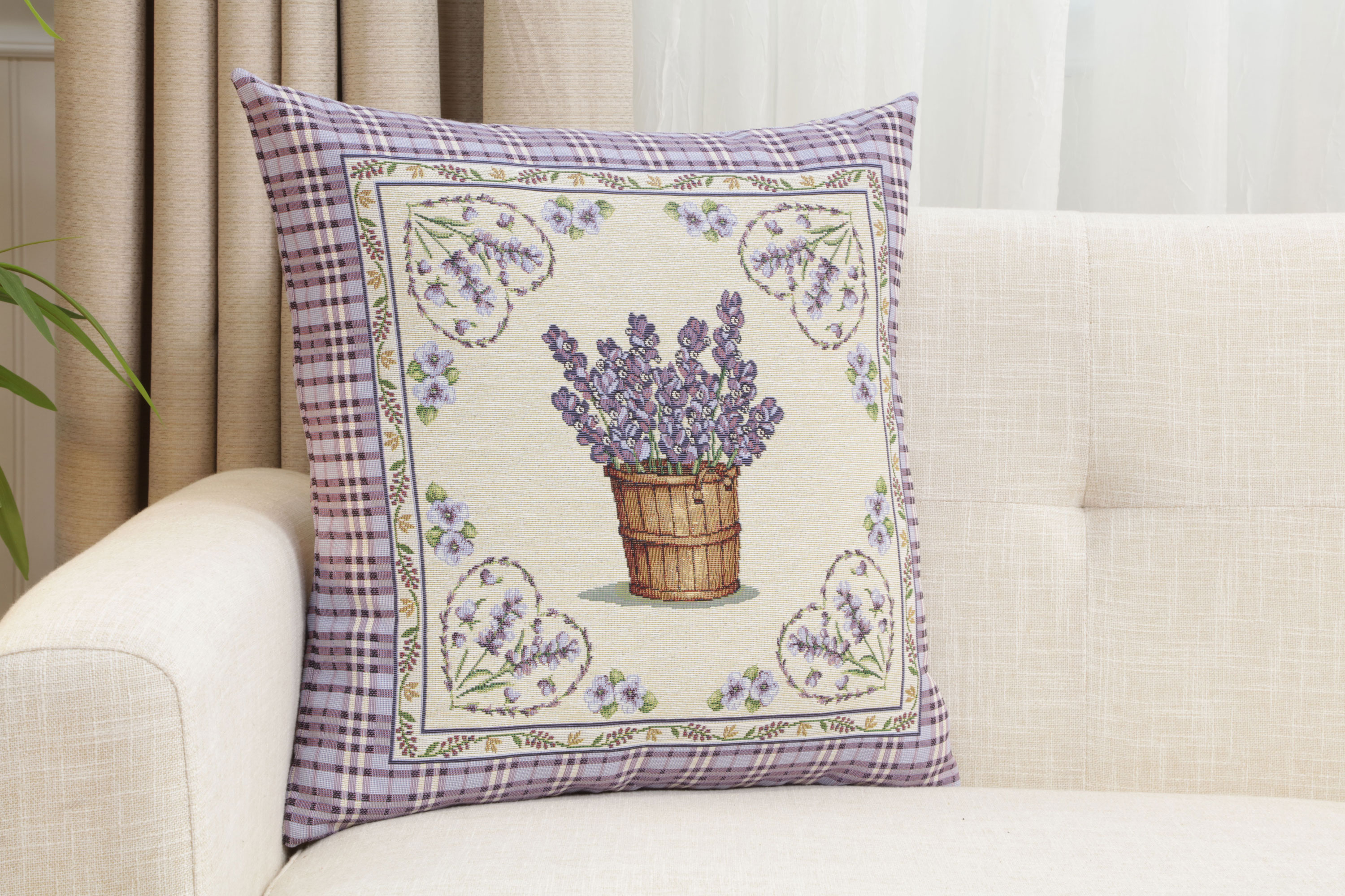 Floral Lavender Hearts Tapestry Pillow Cover 18x18 Inch Cotton Jacquard Woven Cushion Cover