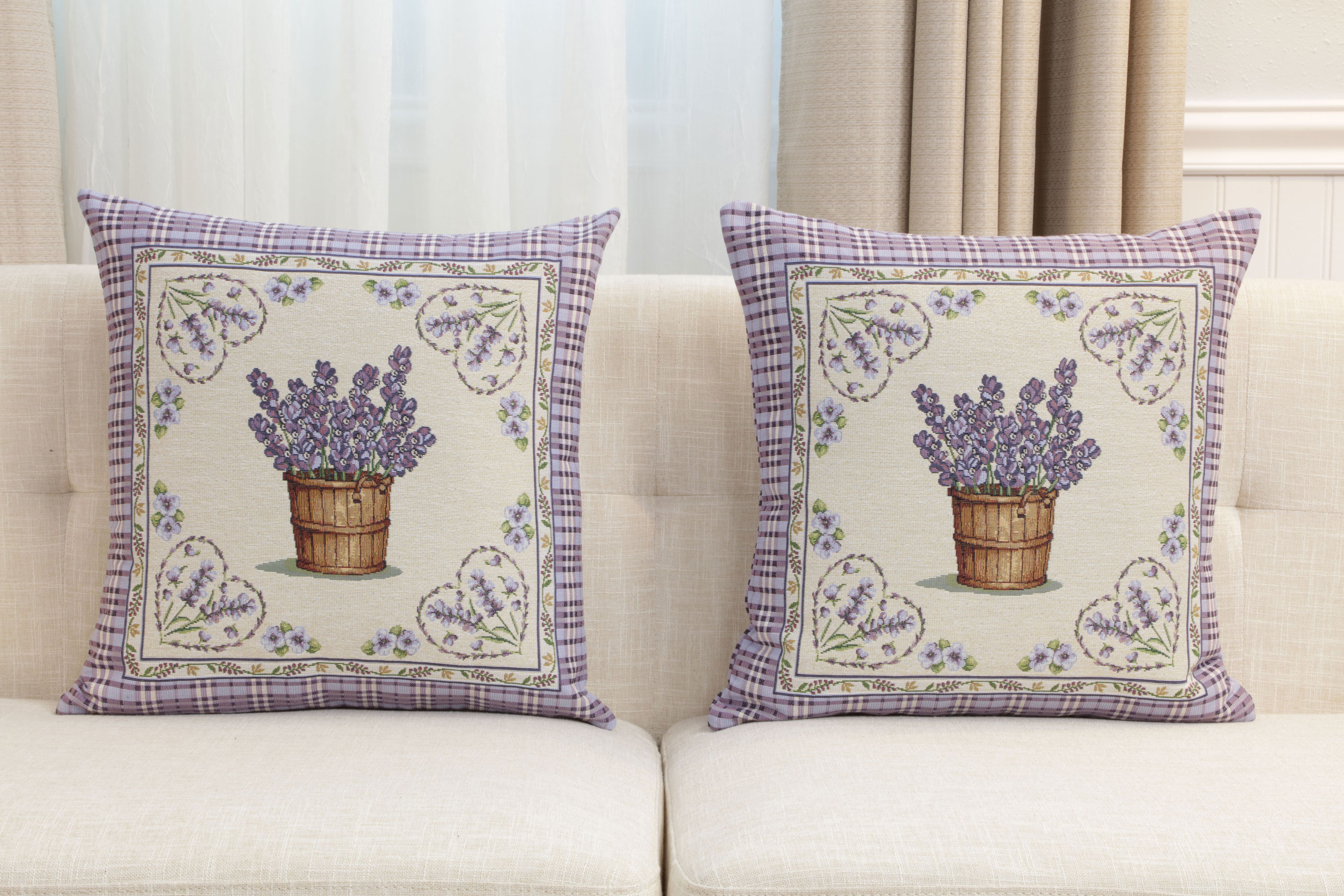 Floral Lavender Hearts Tapestry Pillow Cover 18x18 Inch Cotton Jacquard Woven Cushion Cover