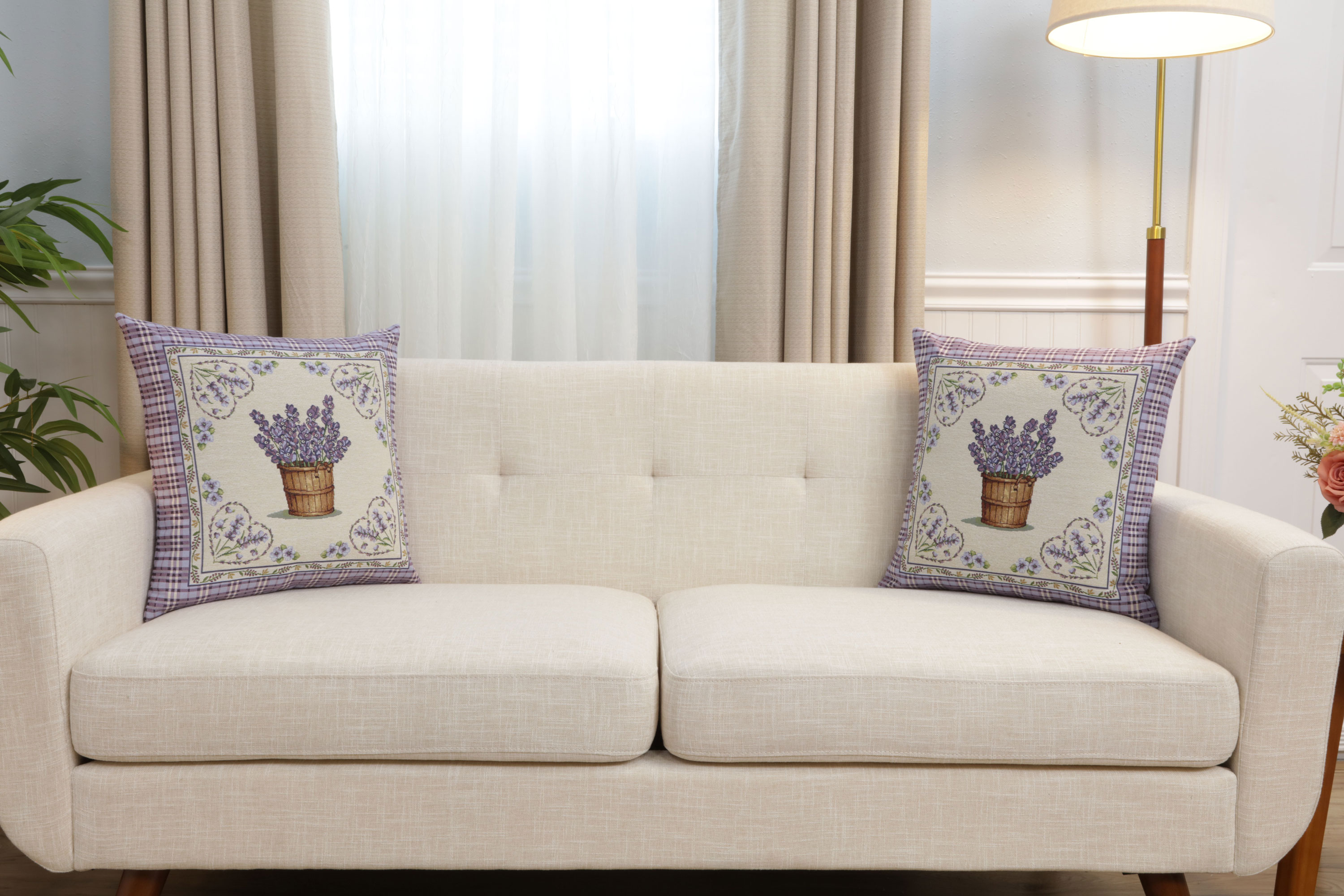 Floral Lavender Hearts Tapestry Pillow Cover 18x18 Inch Cotton Jacquard Woven Cushion Cover