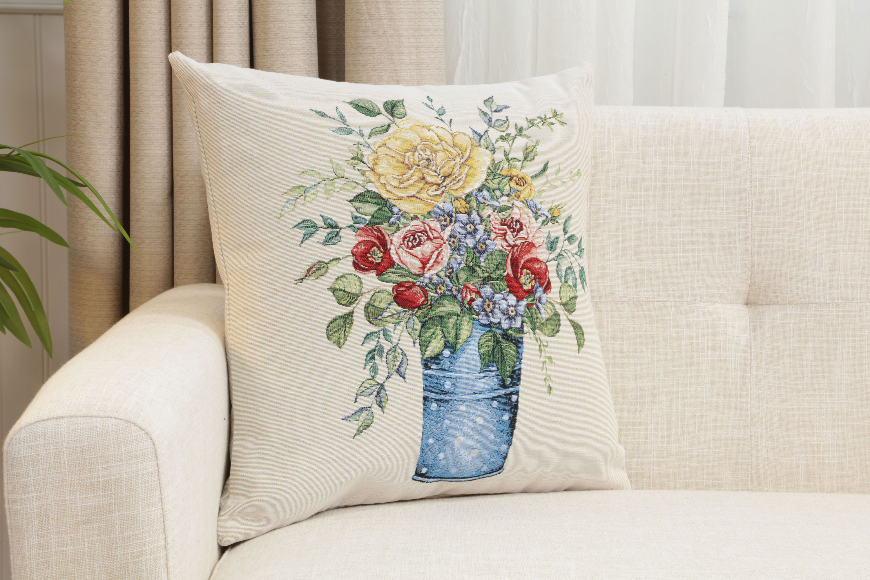Floral Amberblue Tapestry Pillow Cover 18x18 Inch Cotton Jacquard Woven Cushion Cover