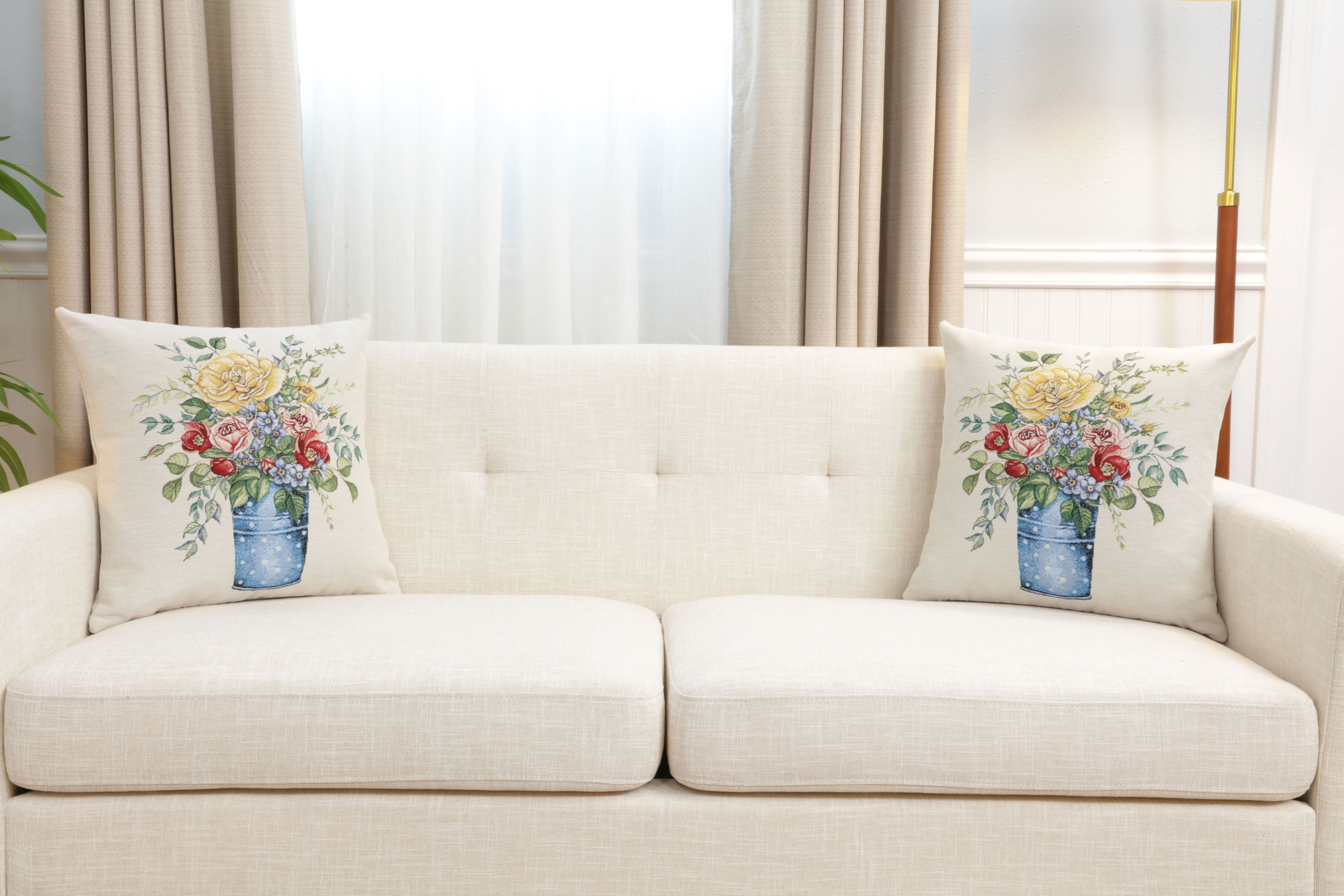 Floral Amberblue Tapestry Pillow Cover 18x18 Inch Cotton Jacquard Woven Cushion Cover