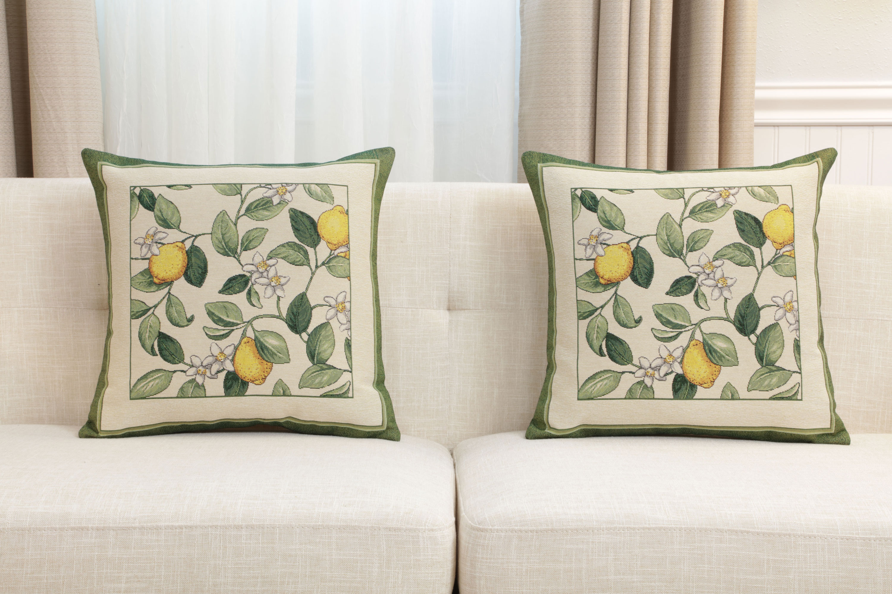 Floral Lemon Tapestry Pillow Cover 18x18 Inch Cotton Jacquard Woven Cushion Cover
