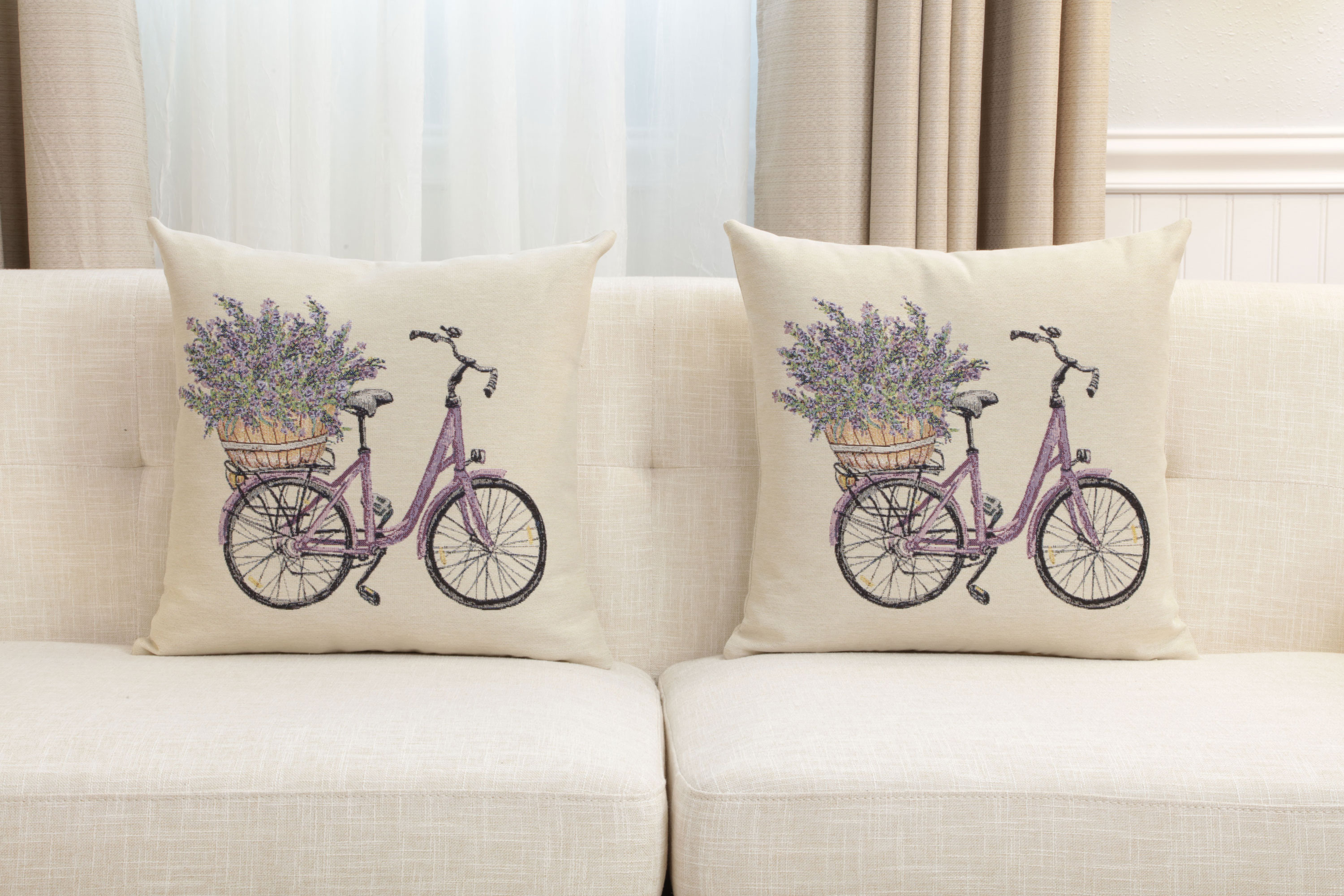 Floral Bike with Lavender Tapestry Pillow Cover 18x18 Inch Cotton Jacquard Woven Cushion Cover