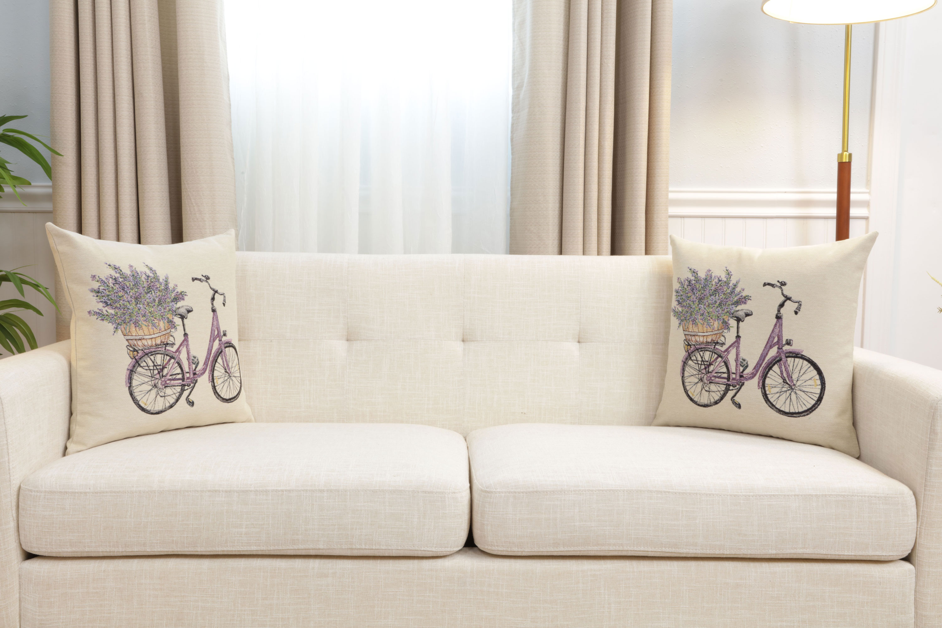 Floral Bike with Lavender Tapestry Pillow Cover 18x18 Inch Cotton Jacquard Woven Cushion Cover