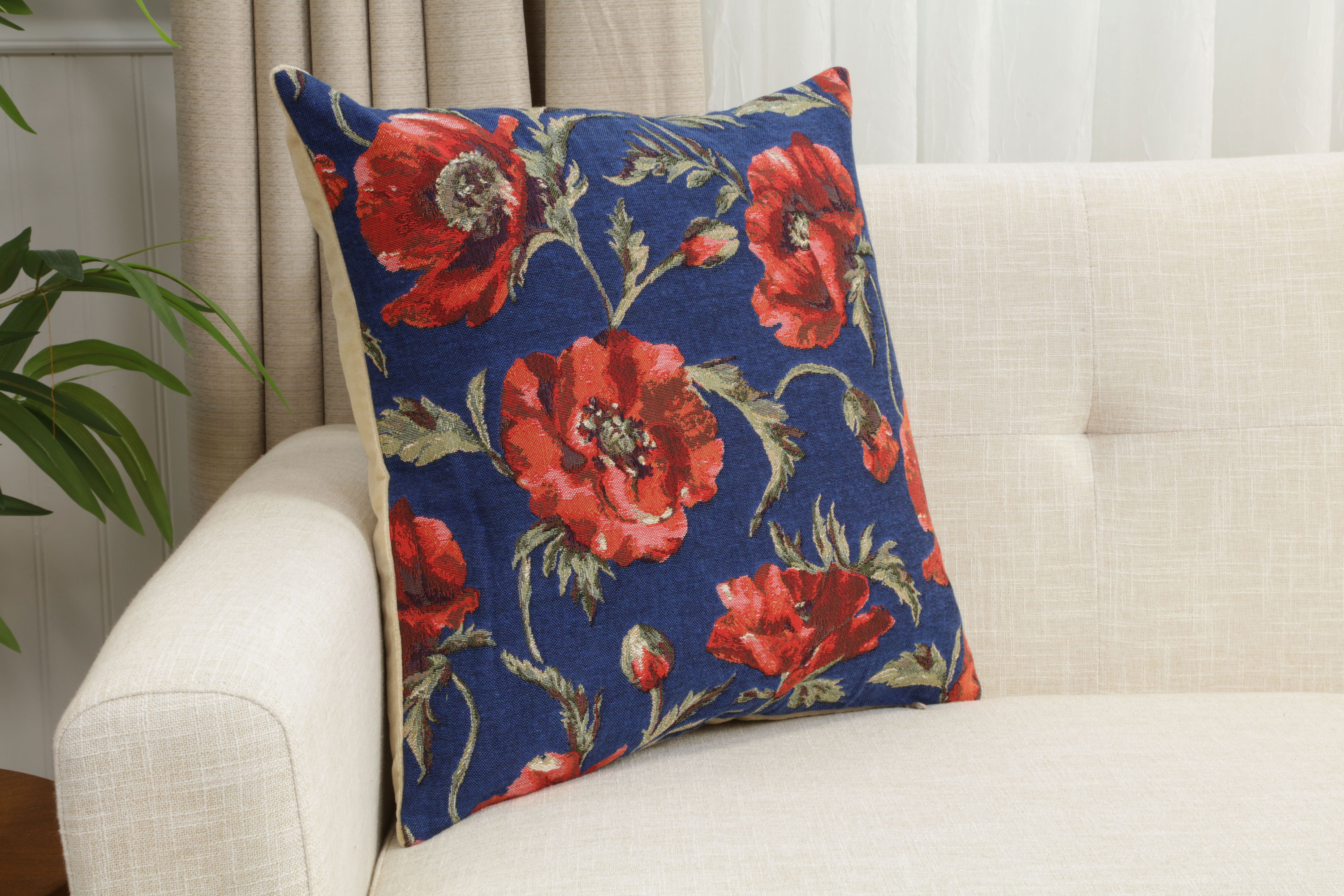 Floral Coquelicots Blue Tapestry Pillow Cover 18x18 Inch Cotton Jacquard Woven Cushion Cover