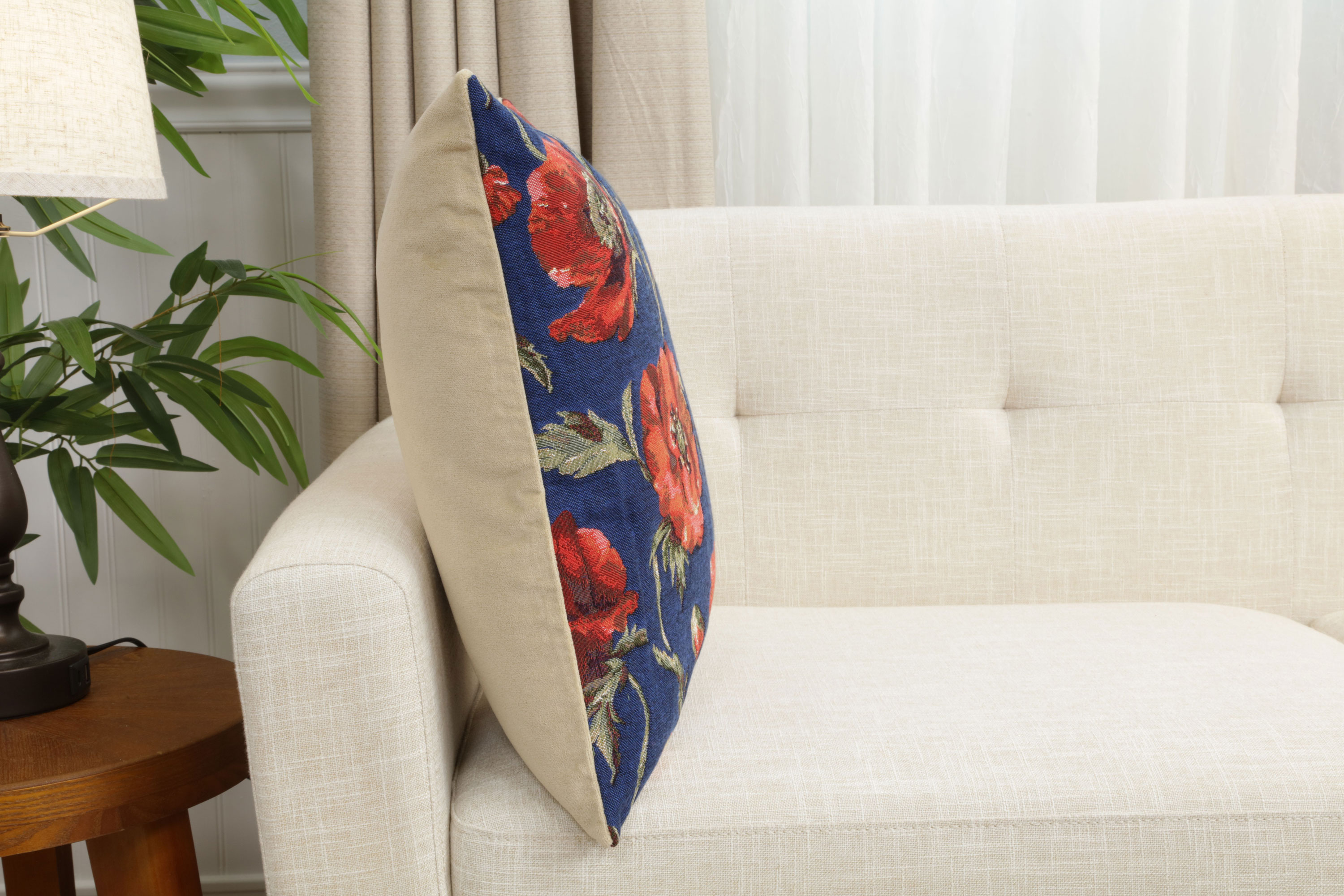 Floral Coquelicots Blue Tapestry Pillow Cover 18x18 Inch Cotton Jacquard Woven Cushion Cover