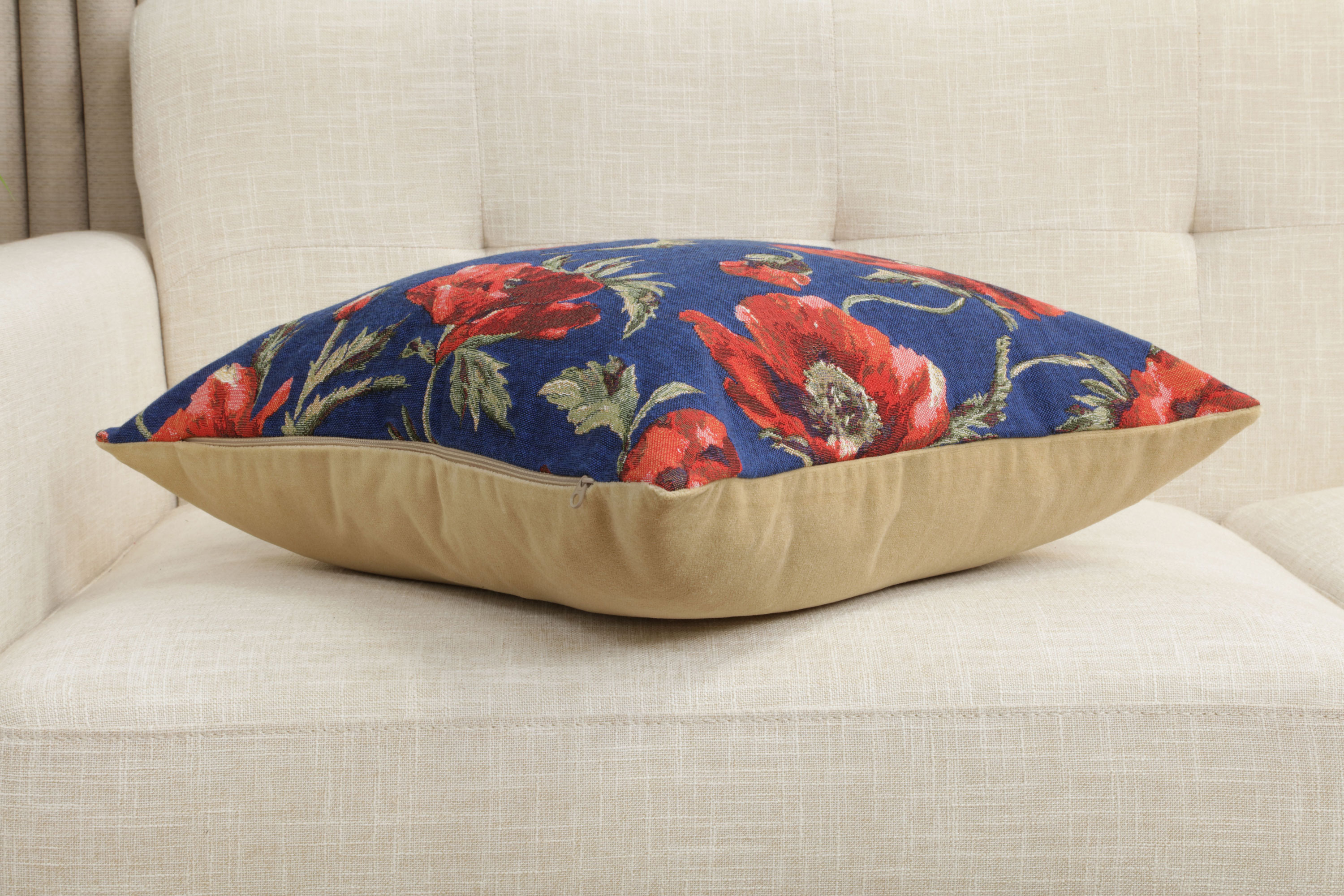 Floral Coquelicots Blue Tapestry Pillow Cover 18x18 Inch Cotton Jacquard Woven Cushion Cover