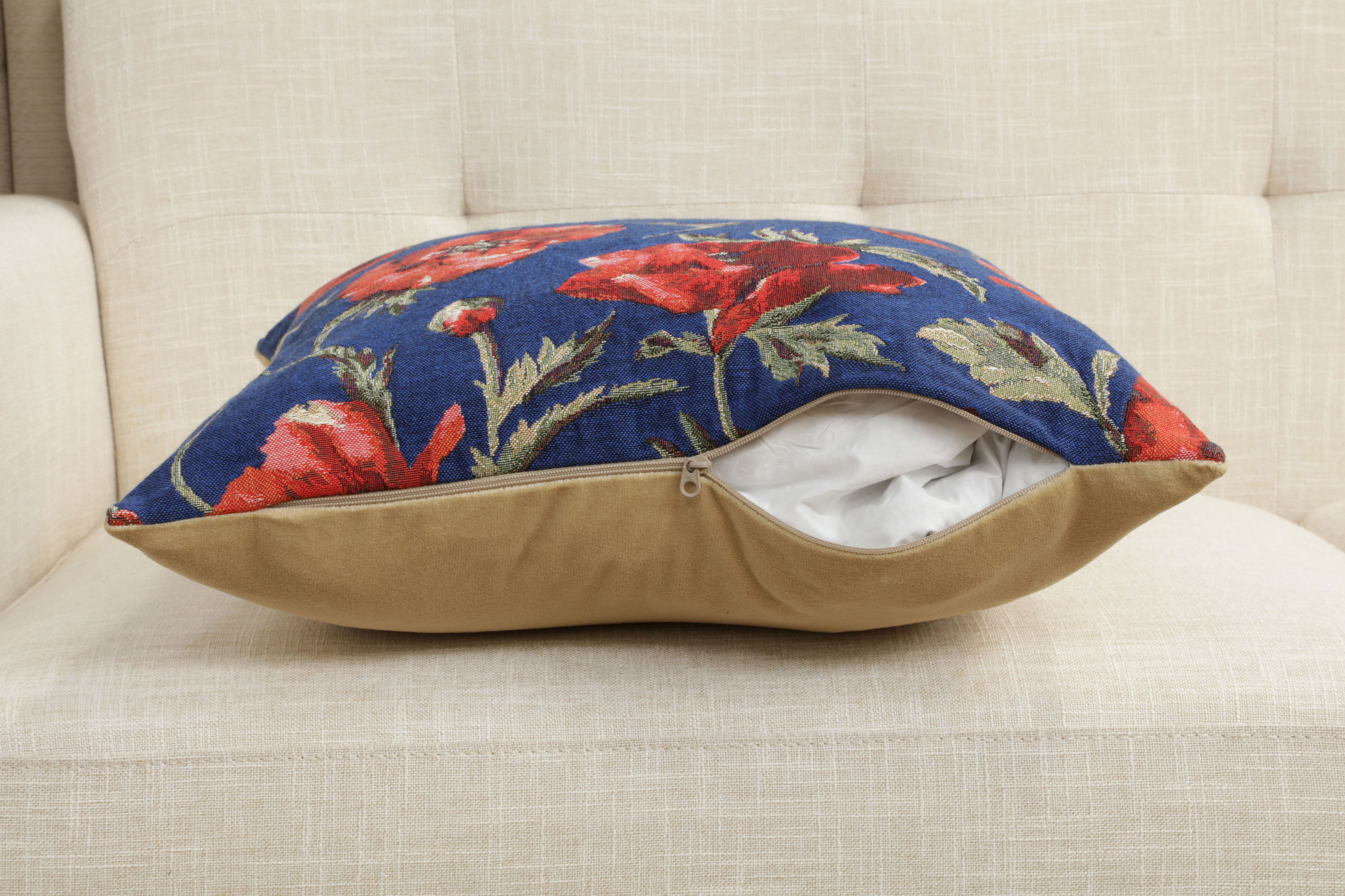 Floral Coquelicots Blue Tapestry Pillow Cover 18x18 Inch Cotton Jacquard Woven Cushion Cover