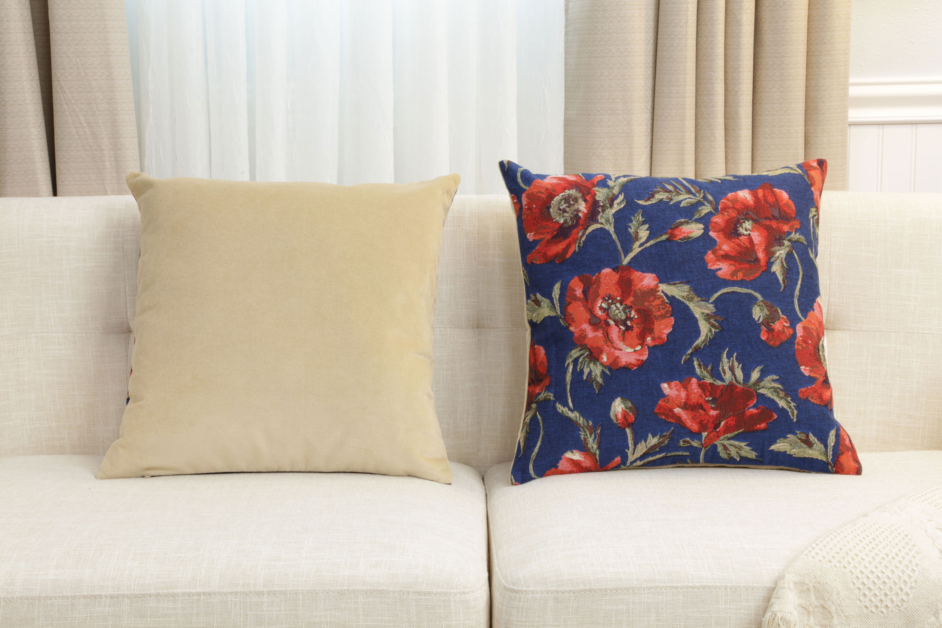 Floral Coquelicots Blue Tapestry Pillow Cover 18x18 Inch Cotton Jacquard Woven Cushion Cover
