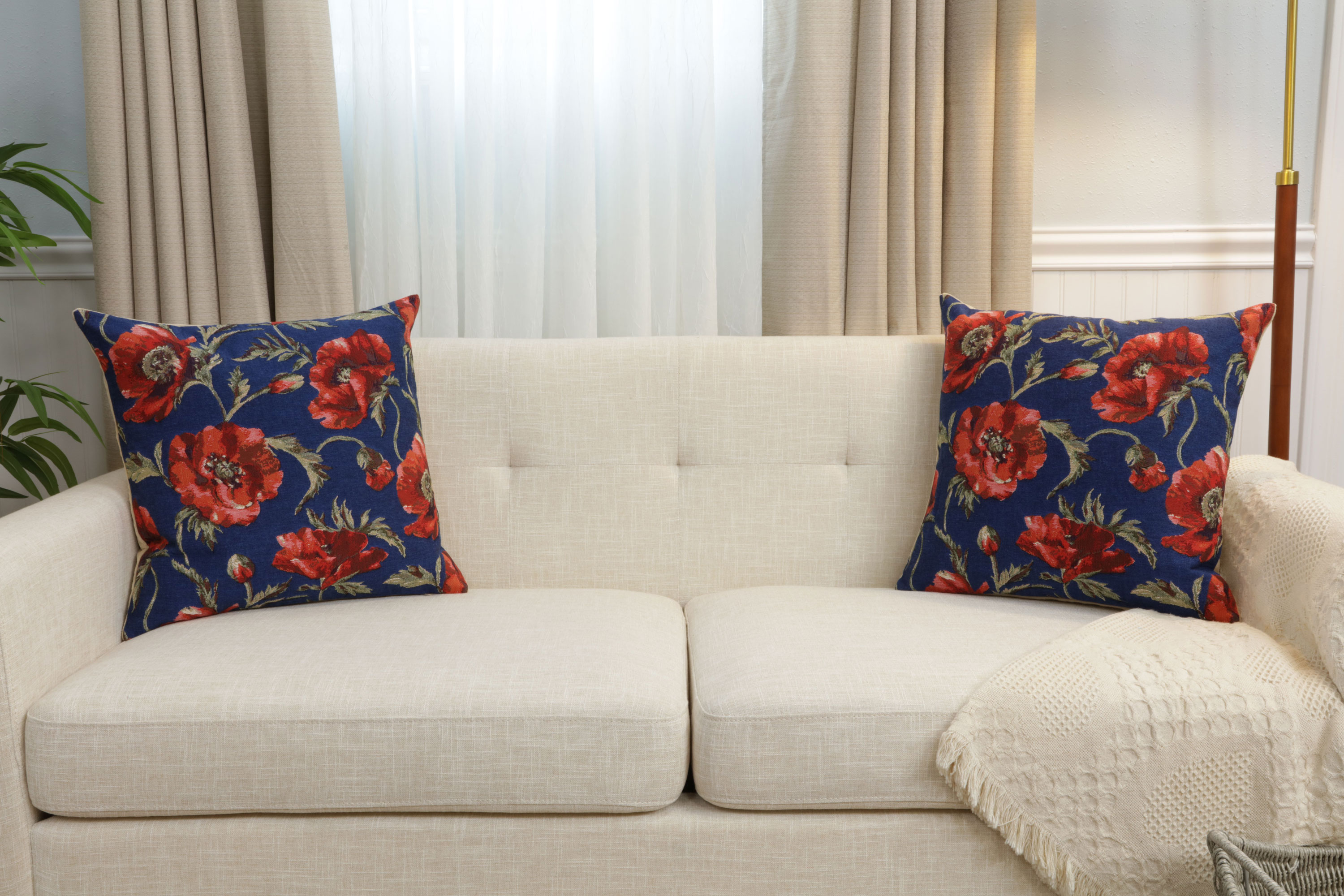 Floral Coquelicots Blue Tapestry Pillow Cover 18x18 Inch Cotton Jacquard Woven Cushion Cover