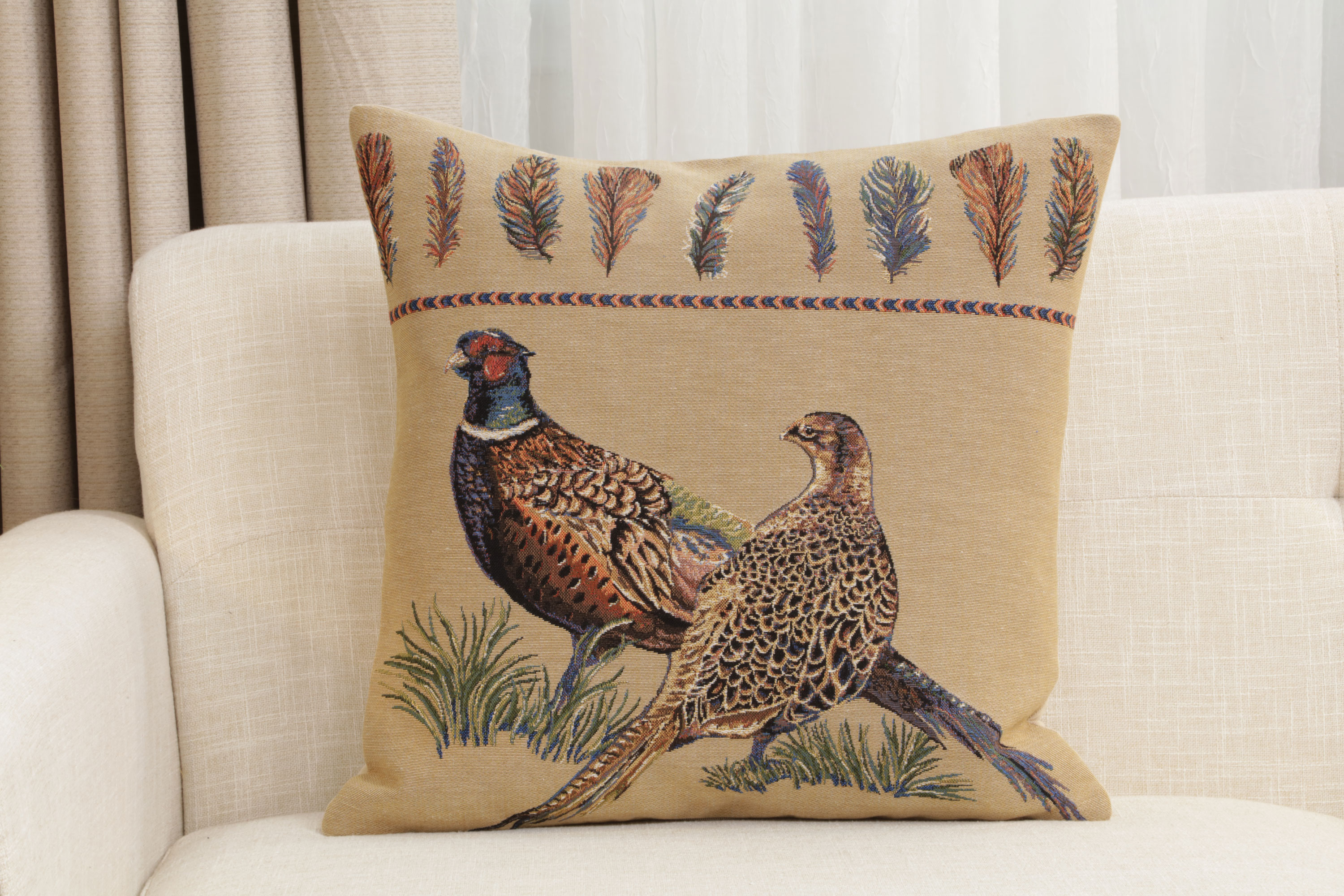 Pheasants Facing Left European Tapestry Pillow Cover 18x18 Inch Cotton Cushion Cover