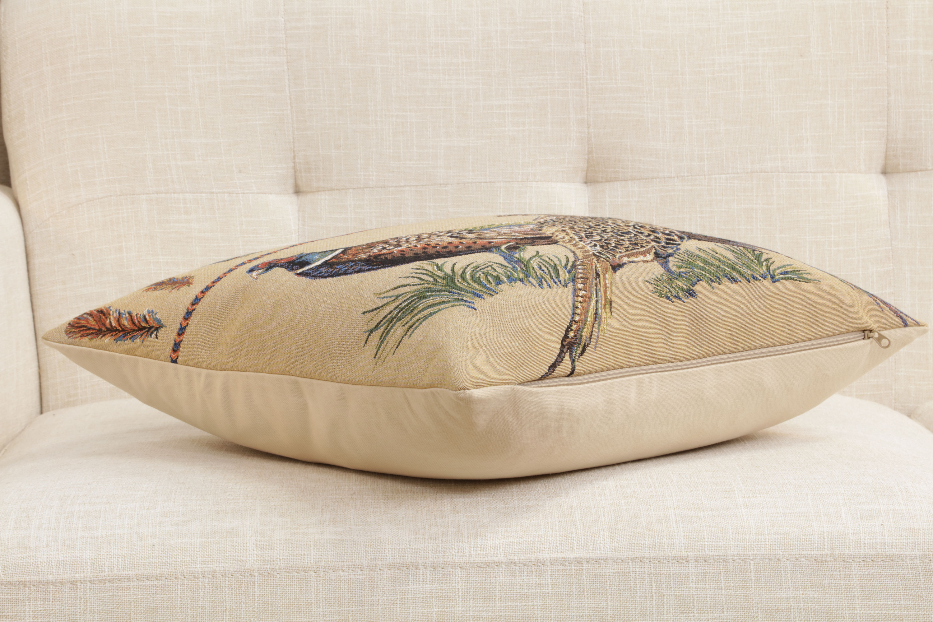 Pheasants Facing Left European Tapestry Pillow Cover 18x18 Inch Cotton Cushion Cover