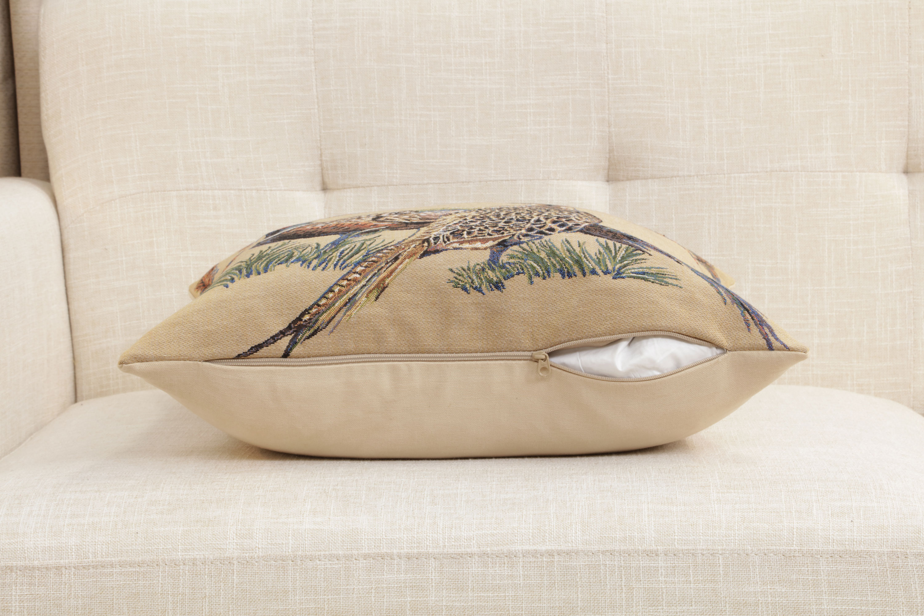 Pheasants Facing Left European Tapestry Pillow Cover 18x18 Inch Cotton Cushion Cover