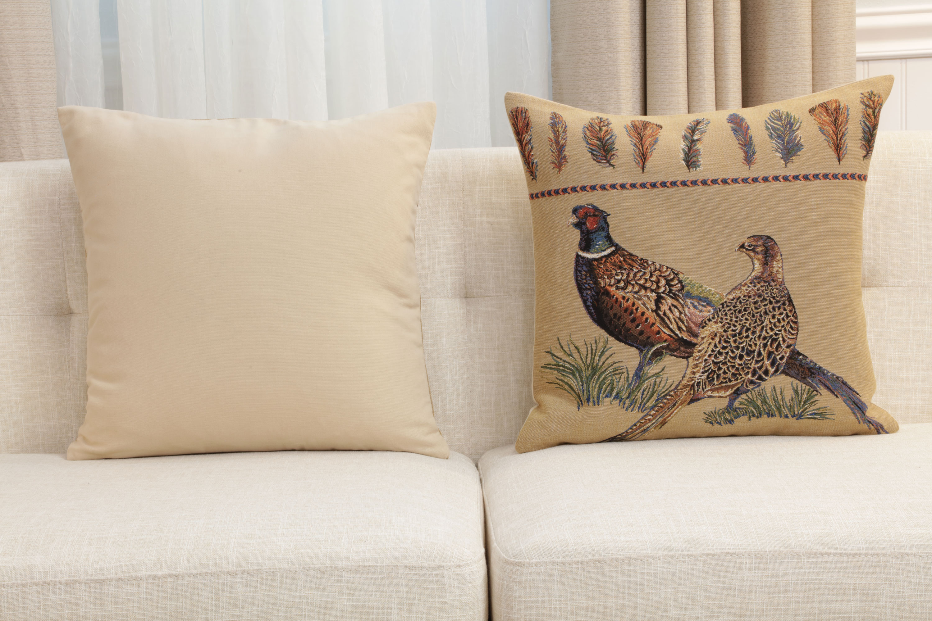 Pheasants Facing Left European Tapestry Pillow Cover 18x18 Inch Cotton Cushion Cover