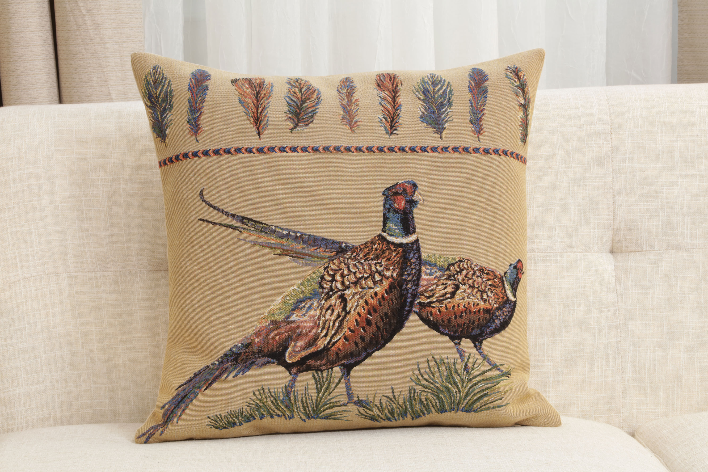 Pheasants Facing Right European Tapestry Pillow Cover 18x18 Inch Cotton Cushion Cover