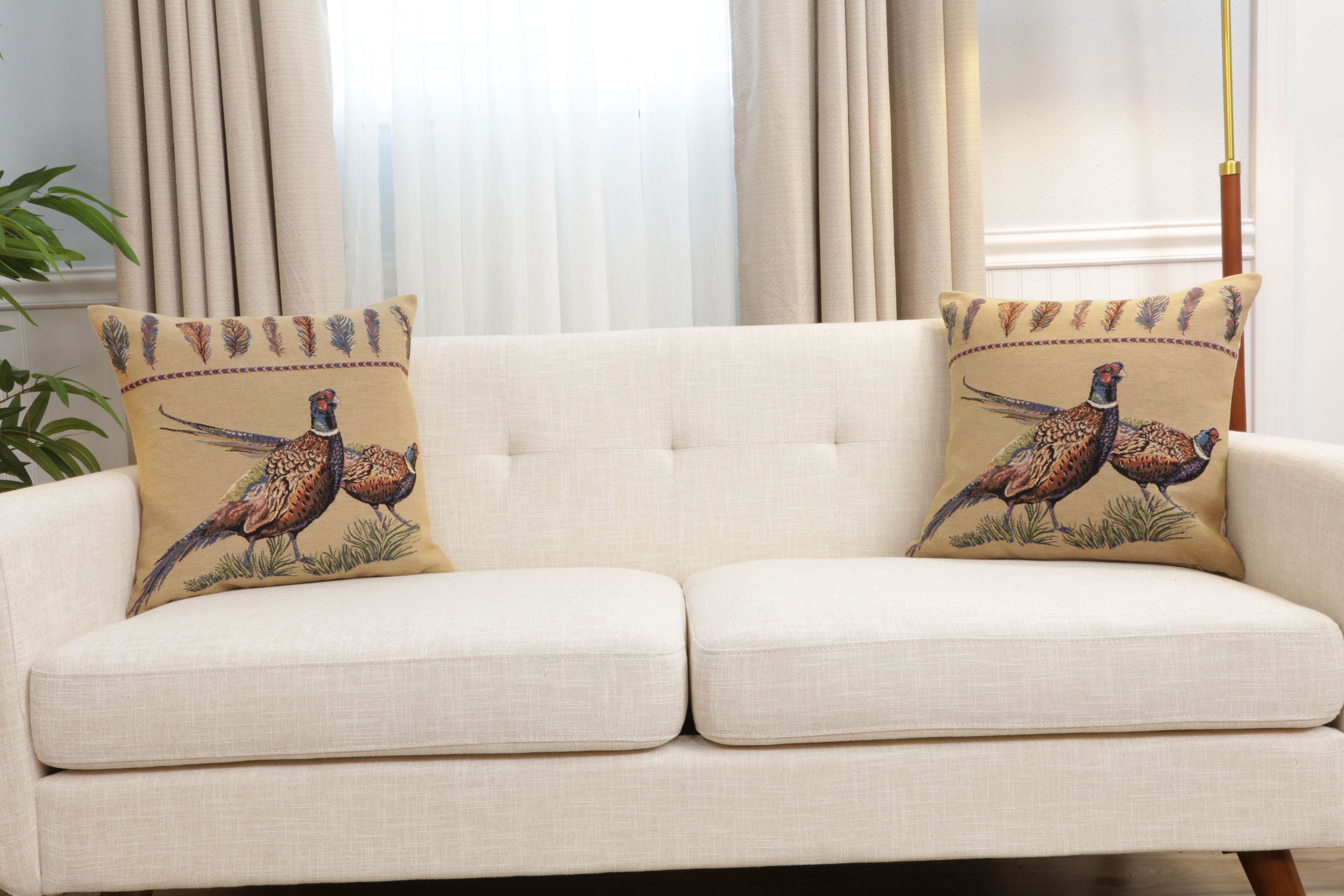 Pheasants Facing Right European Tapestry Pillow Cover 18x18 Inch Cotton Cushion Cover