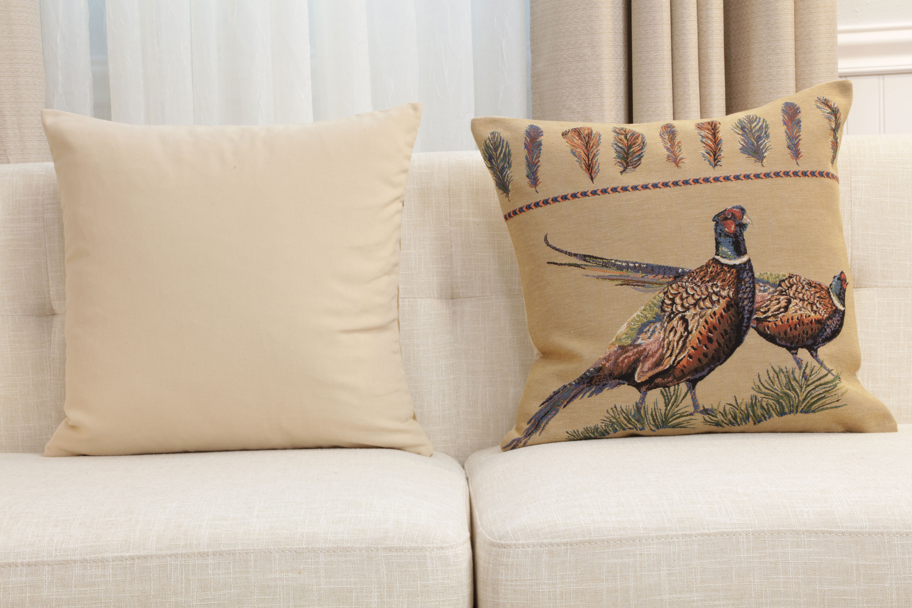 Pheasants Facing Right European Tapestry Pillow Cover 18x18 Inch Cotton Cushion Cover