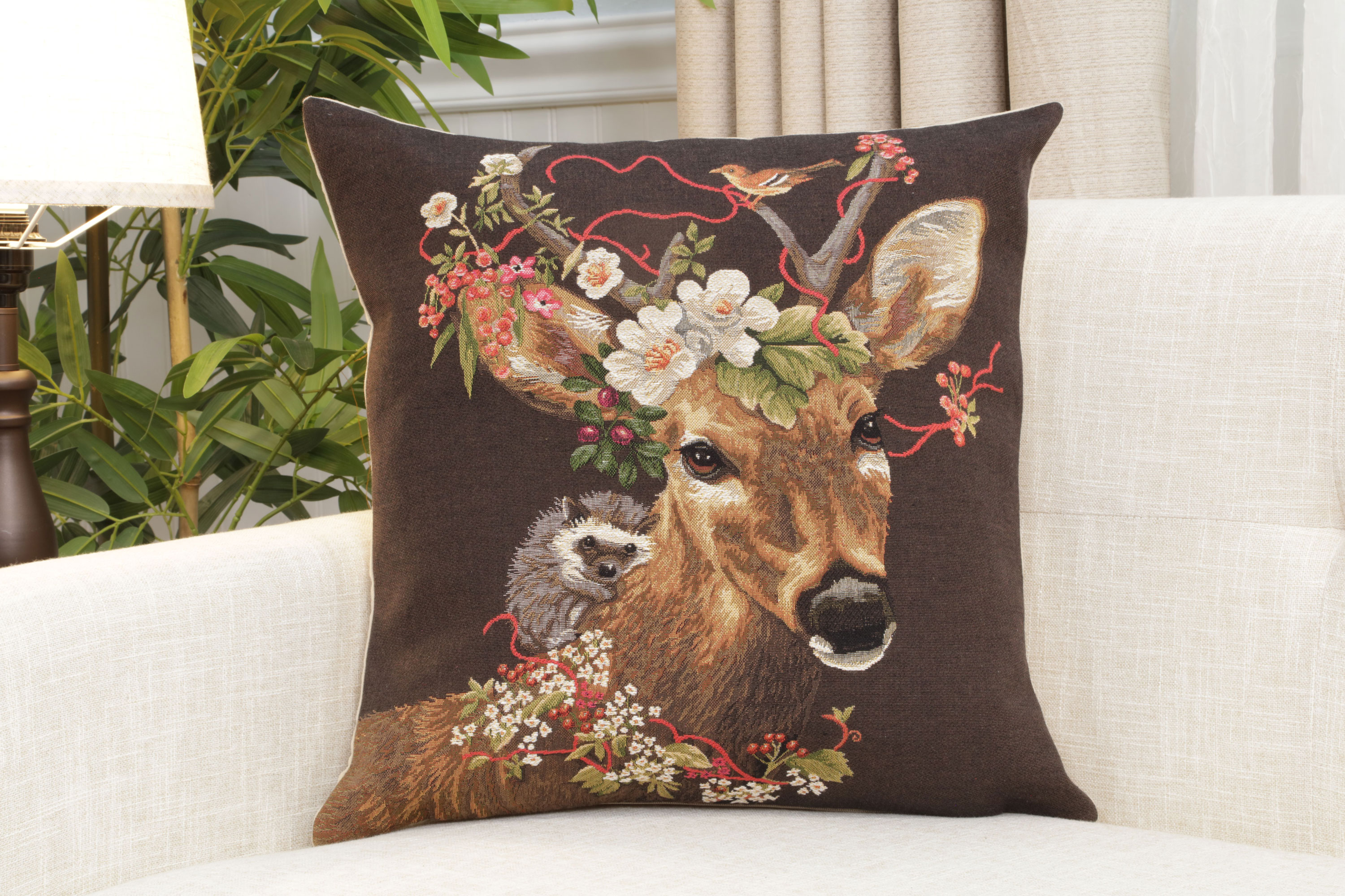 Forest Stag Brown European Tapestry Pillow Cover 18x18 Inch Cotton Cushion Cover