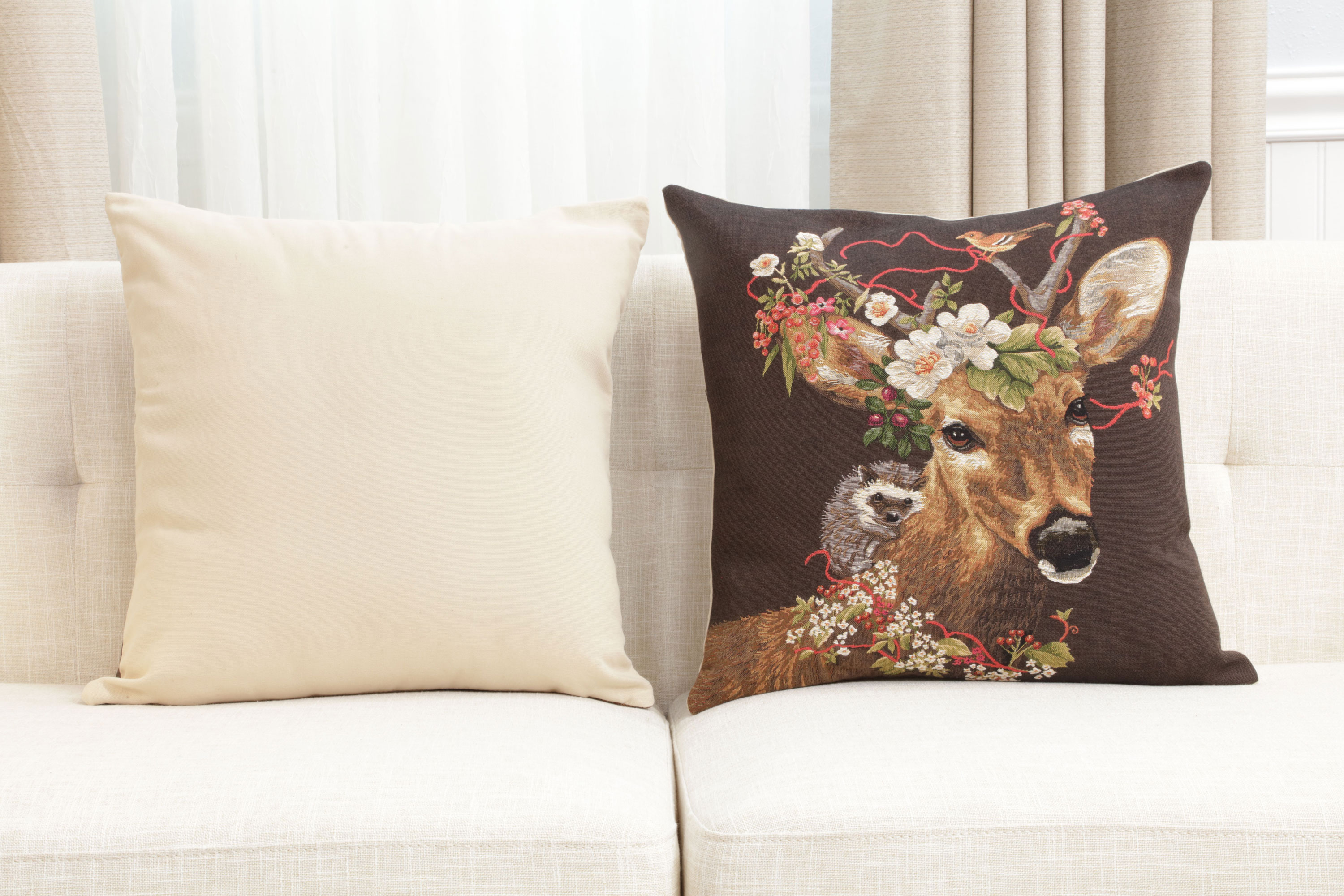 Forest Stag Brown European Tapestry Pillow Cover 18x18 Inch Cotton Cushion Cover