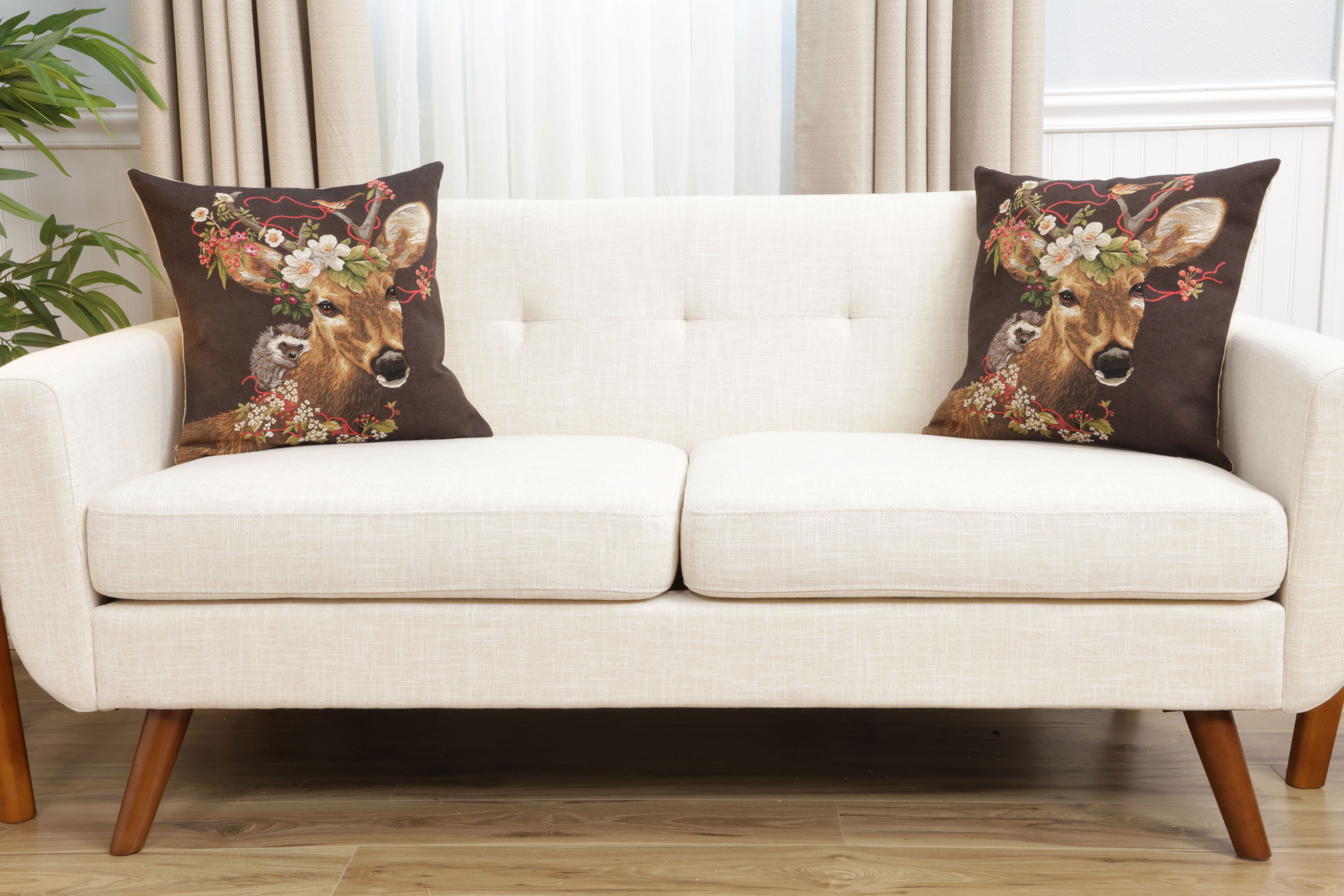 Forest Stag Brown European Tapestry Pillow Cover 18x18 Inch Cotton Cushion Cover