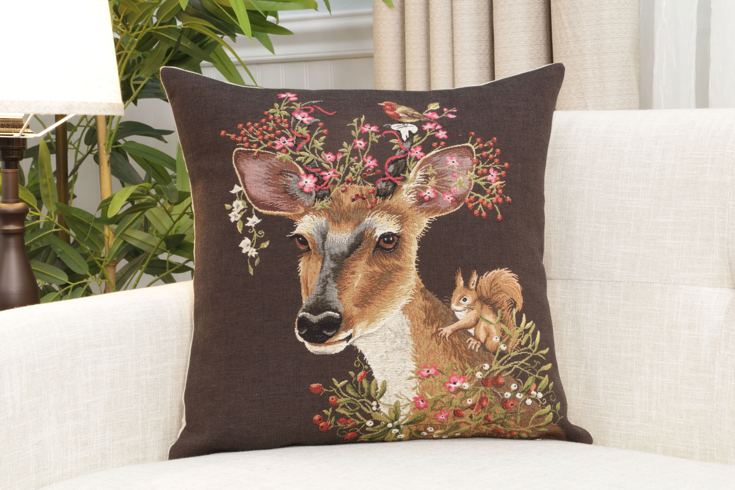Forest Deer Brown European Tapestry Pillow Cover 18x18 Inch Cotton Cushion Cover