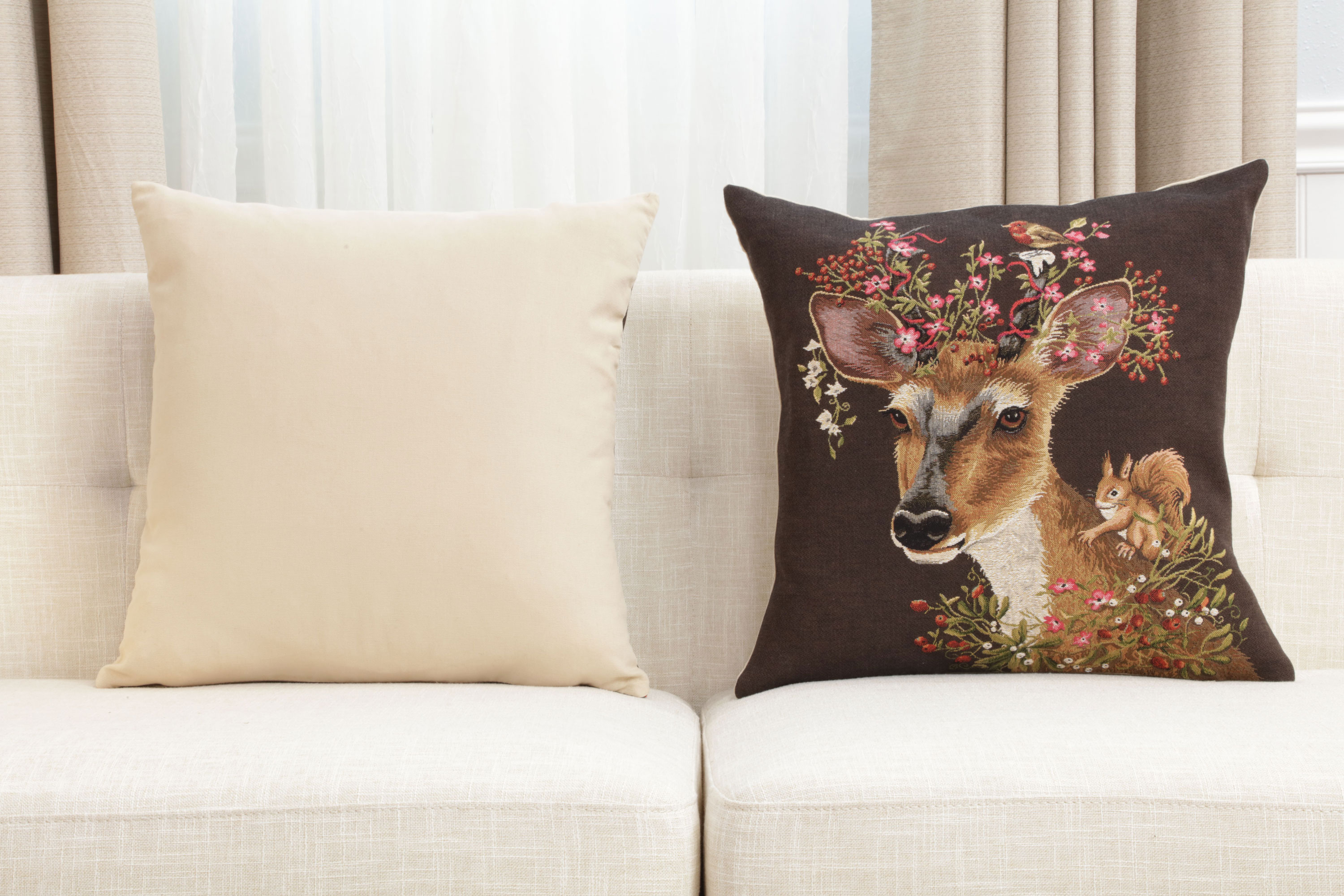 Forest Deer Brown European Tapestry Pillow Cover 18x18 Inch Cotton Cushion Cover