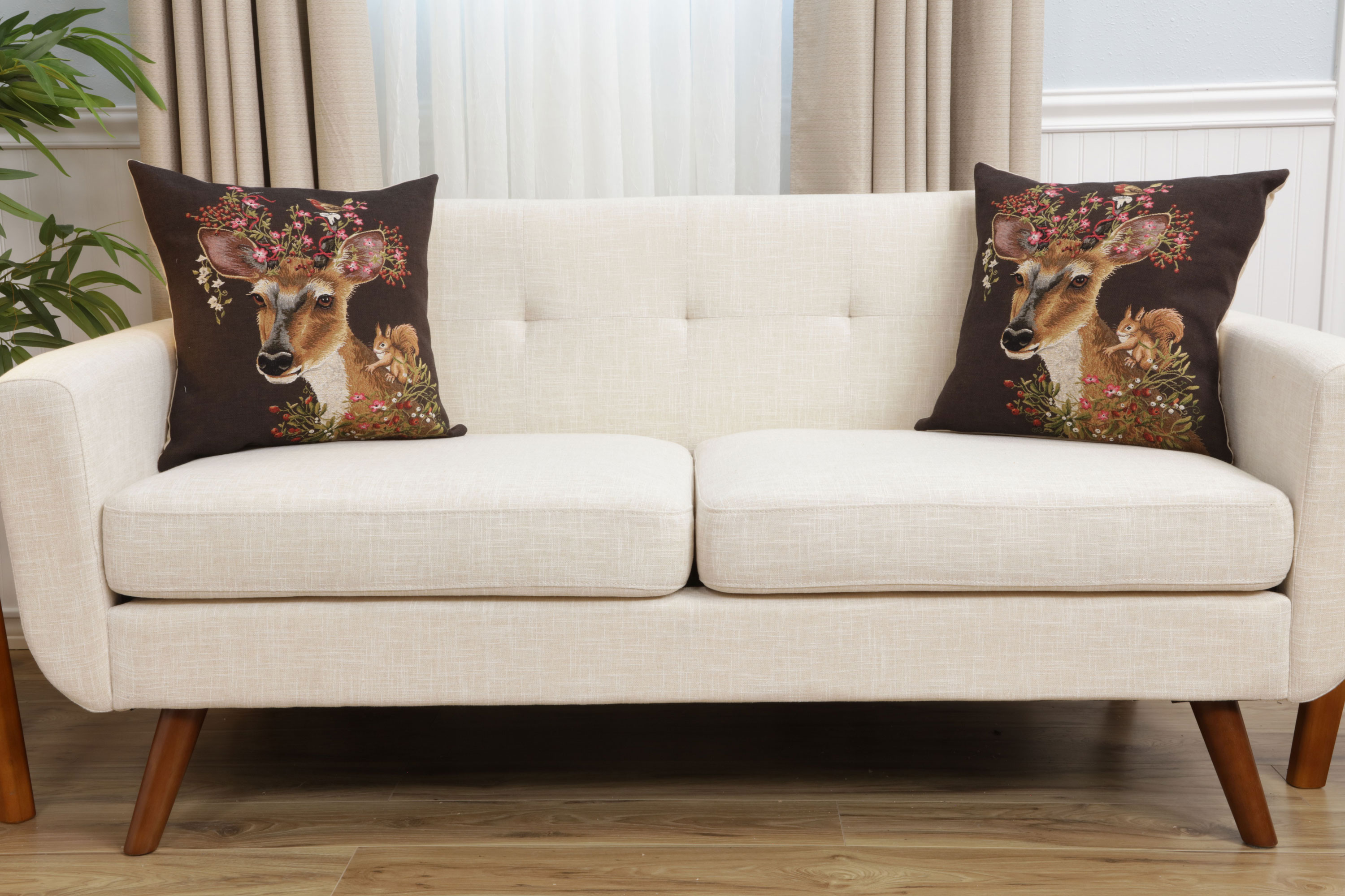 Forest Deer Brown European Tapestry Pillow Cover 18x18 Inch Cotton Cushion Cover