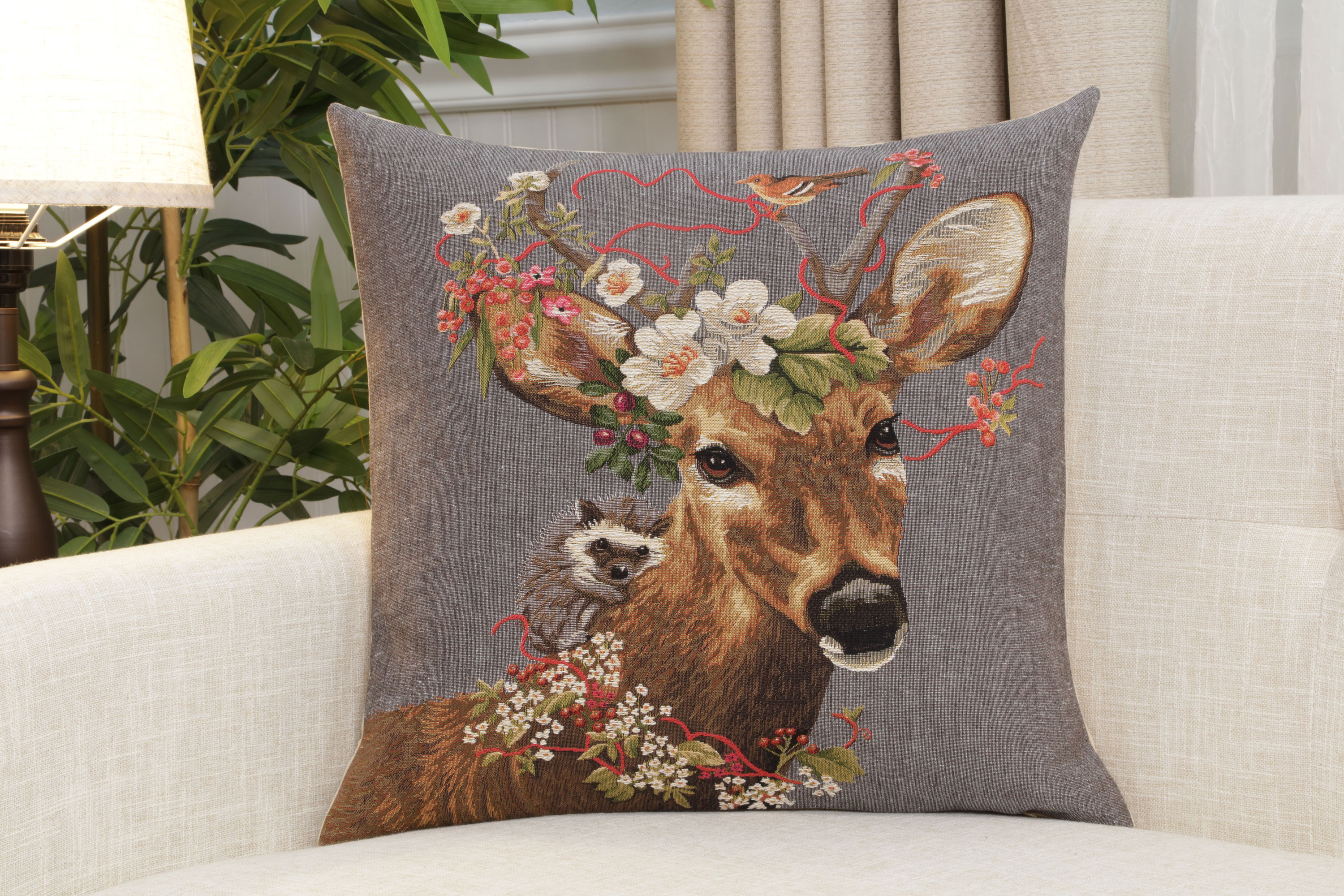 Forest Stag Grey European Tapestry Pillow Cover 18x18 Inch Cotton Cushion Cover