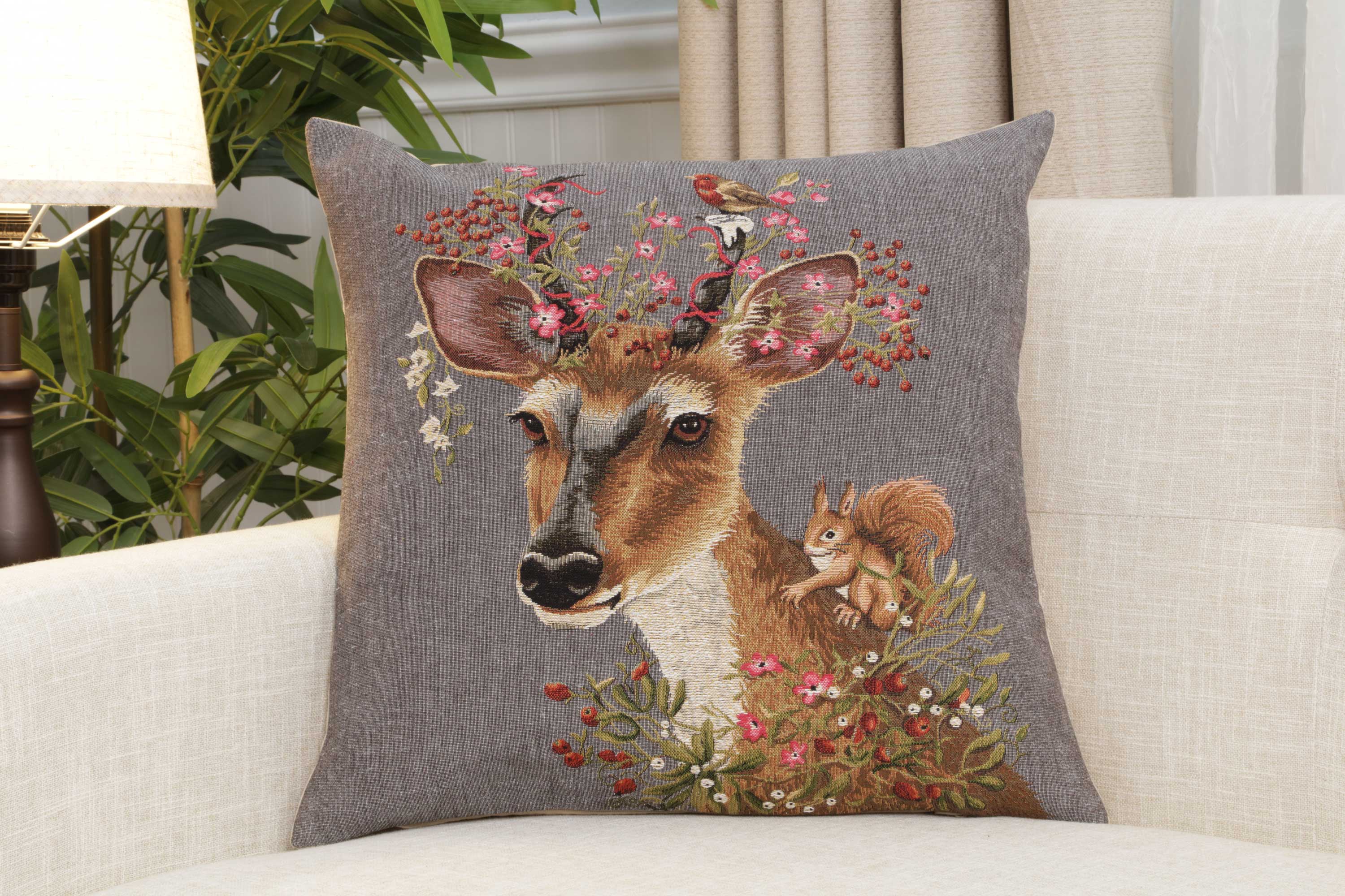 Forest Deer Grey European Cushion Cover | Close Up 1