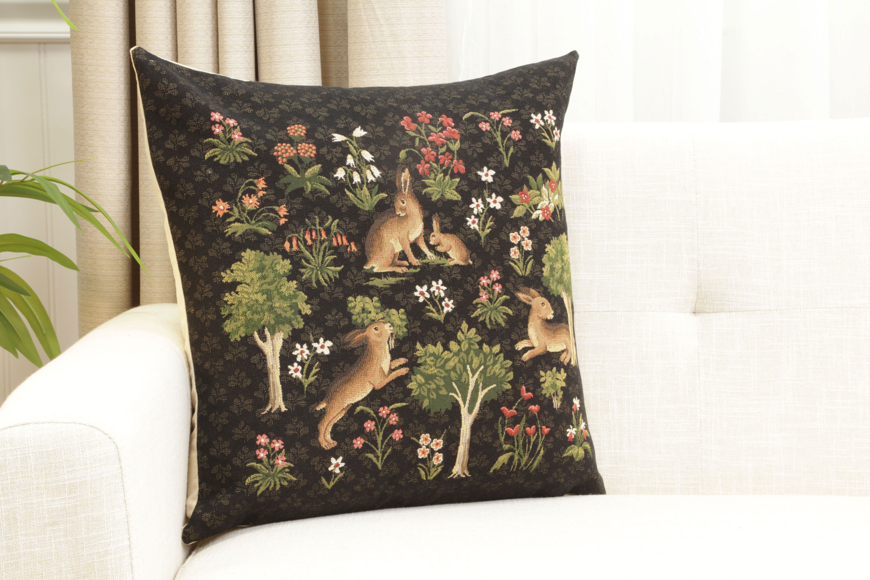 Forest Rabbit Family European Tapestry Pillow Cover 18x18 Inch Cotton Cushion Cover