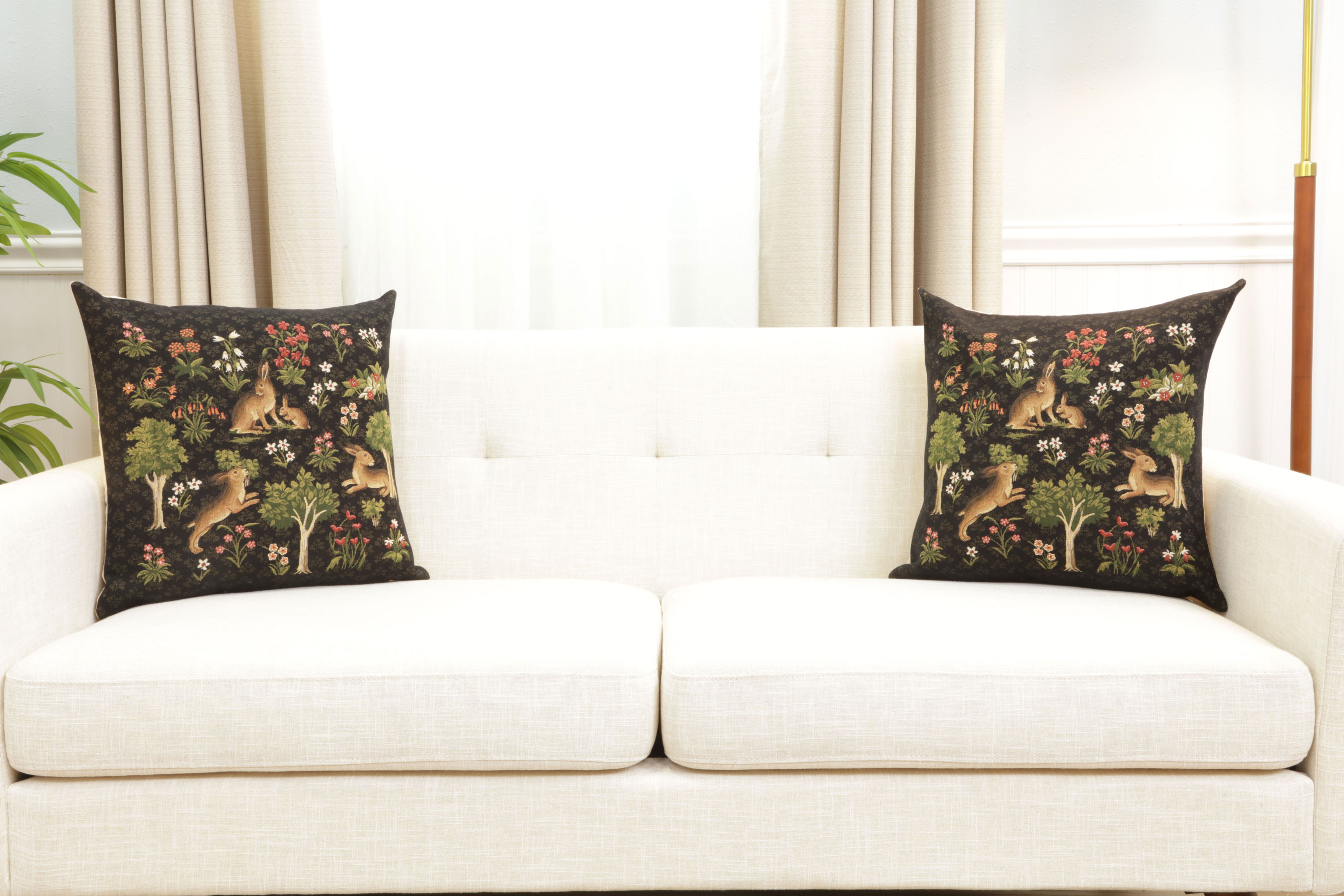 Forest Rabbit Family European Tapestry Pillow Cover 18x18 Inch Cotton Cushion Cover