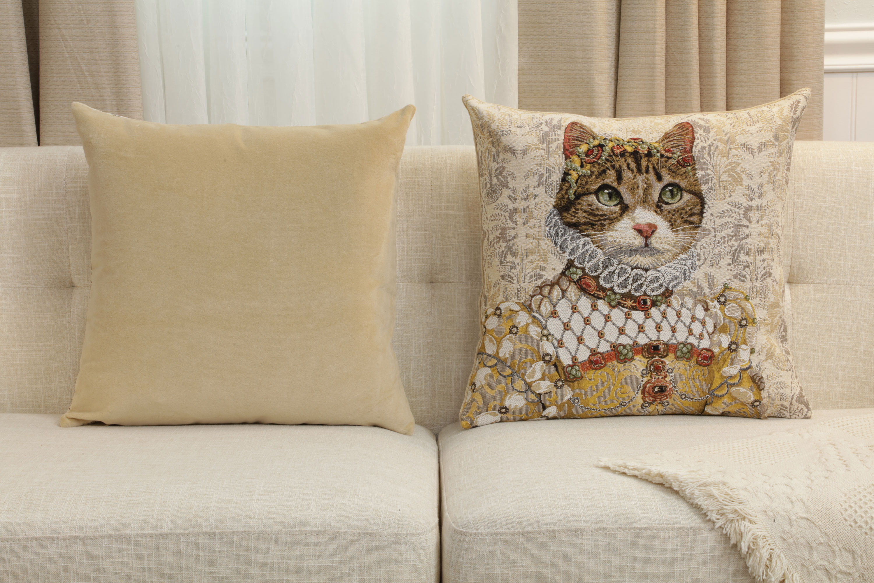 Grey Cat Sisi Light Belgian Tapestry Pillow Cover 18x18 Inch Cotton Jacquard Woven Cushion Cover