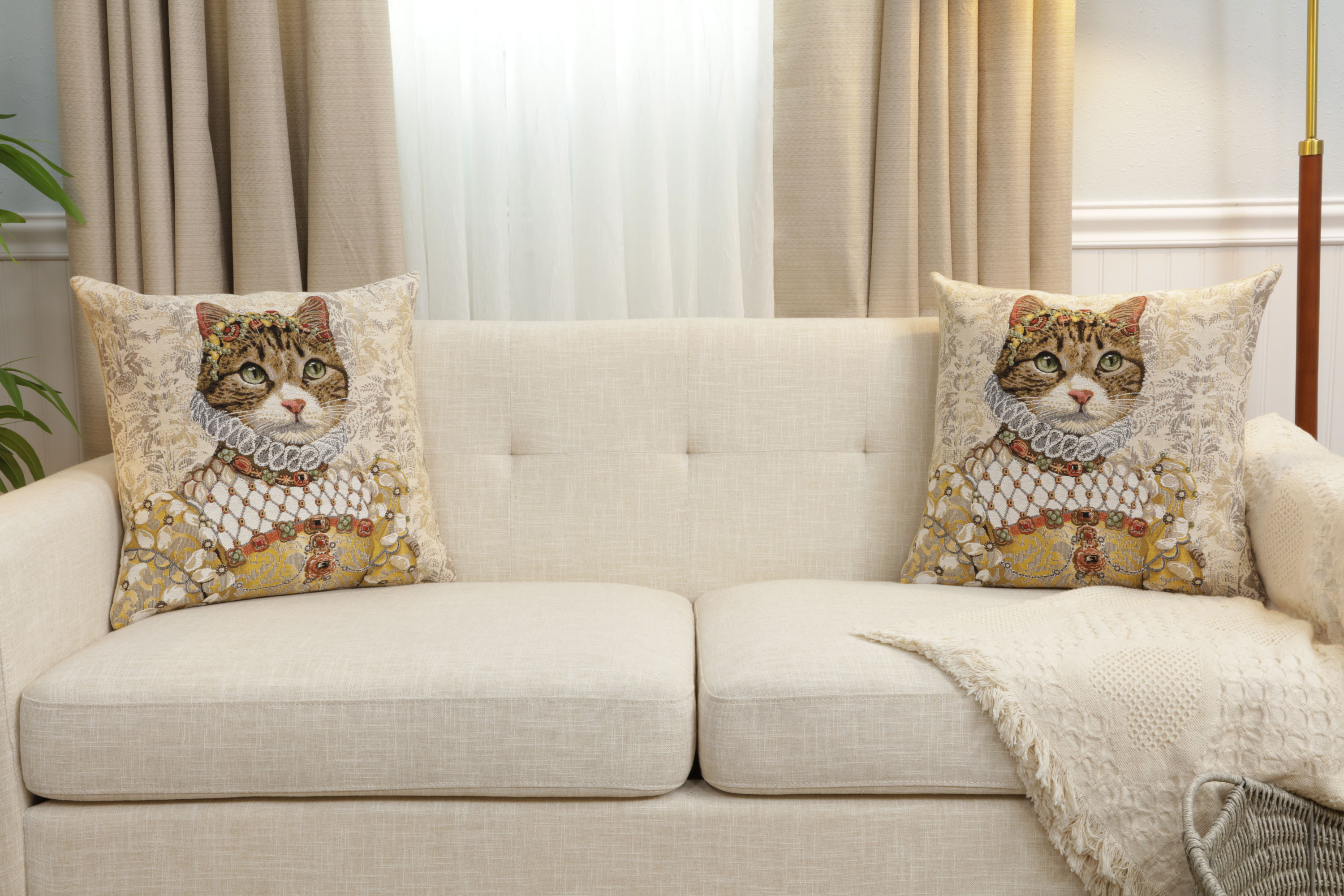 Grey Cat Sisi Light Belgian Tapestry Pillow Cover 18x18 Inch Cotton Jacquard Woven Cushion Cover