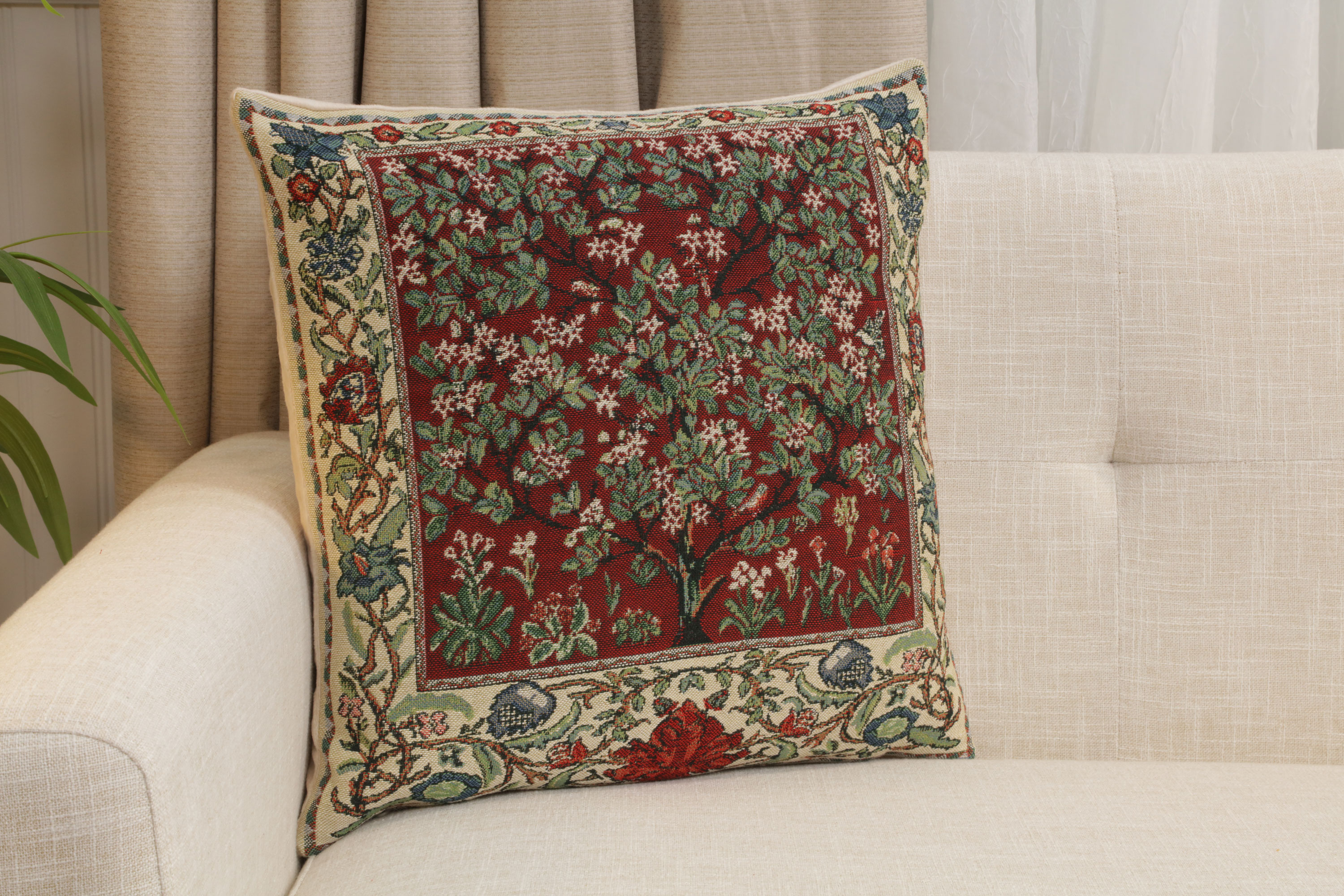 Tree of Life Red Belgian Tapestry Pillow Cover 16x16 inch Cotton Jacquard Woven Cushion Cover