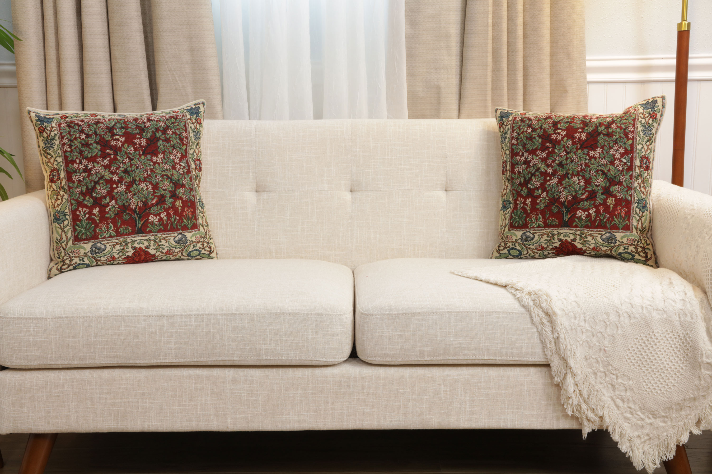 Tree of Life Red Belgian Tapestry Pillow Cover 16x16 inch Cotton Jacquard Woven Cushion Cover