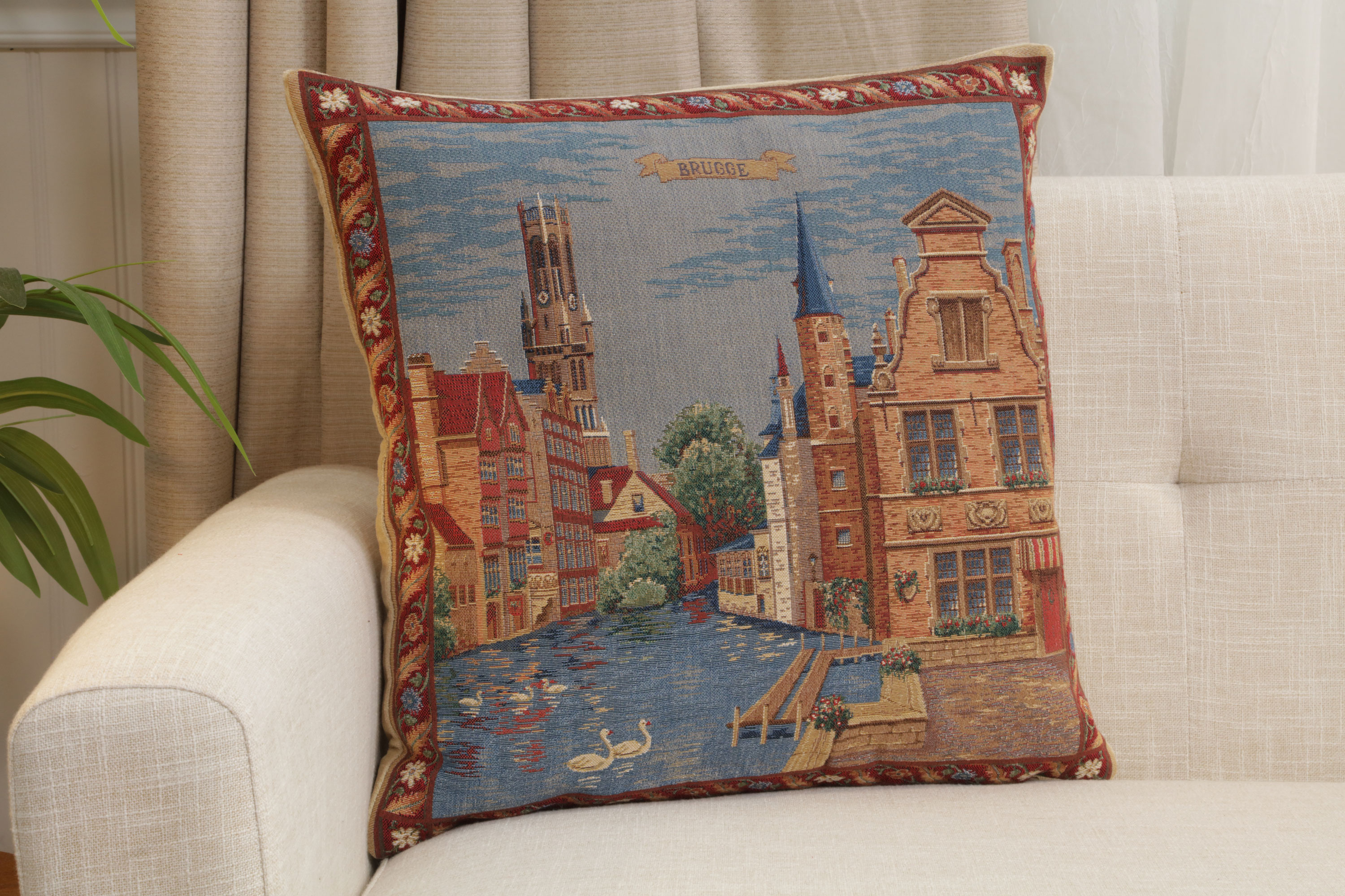 Brugge Rozenhoekaai European Tapestry Pillow Cover 18x18 Inch Cotton Cushion Cover