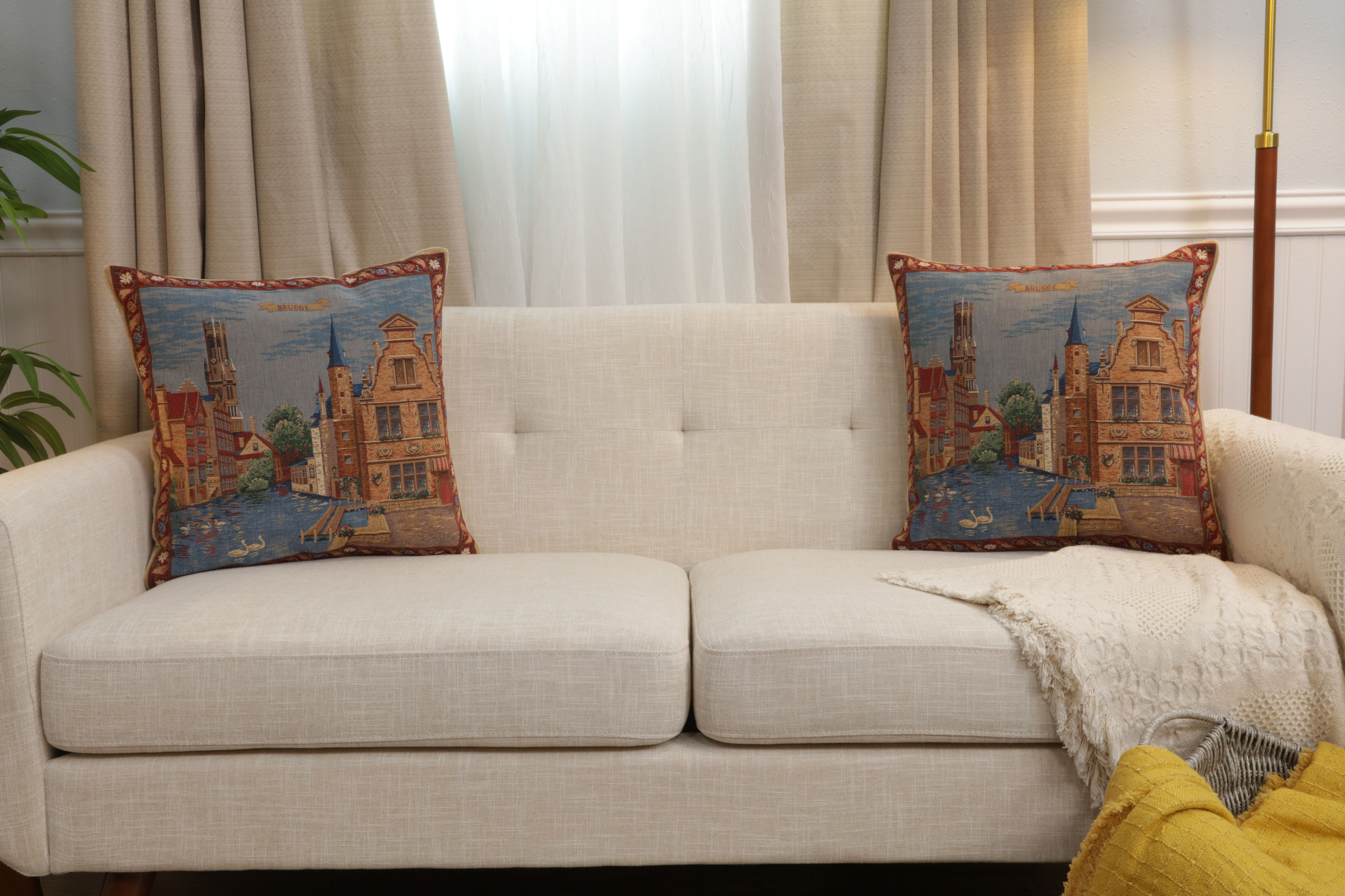 Brugge Rozenhoekaai European Tapestry Pillow Cover 18x18 Inch Cotton Cushion Cover