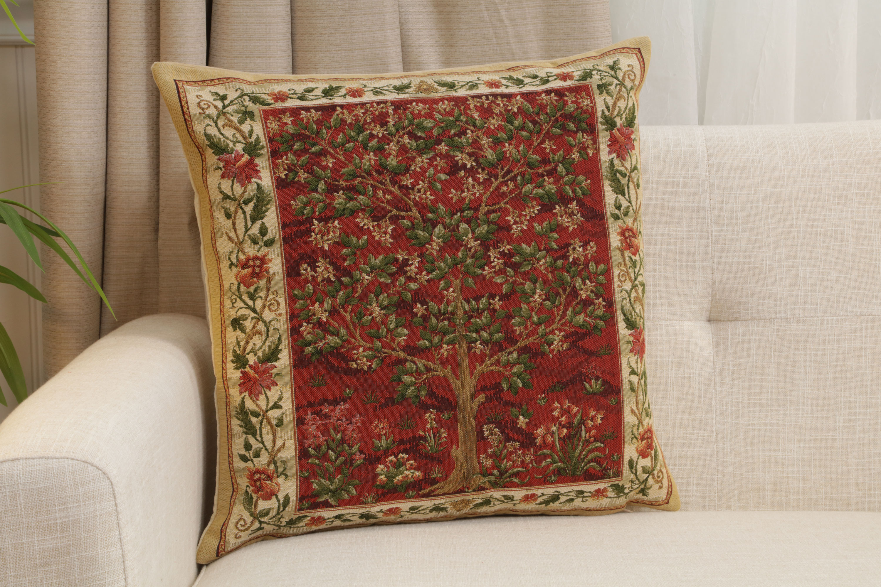 Red Tree of Life Belgian Tapestry Pillow Cover 18x18 inch 100% Cotton Belgian Jacquard Woven Cushion Cover
