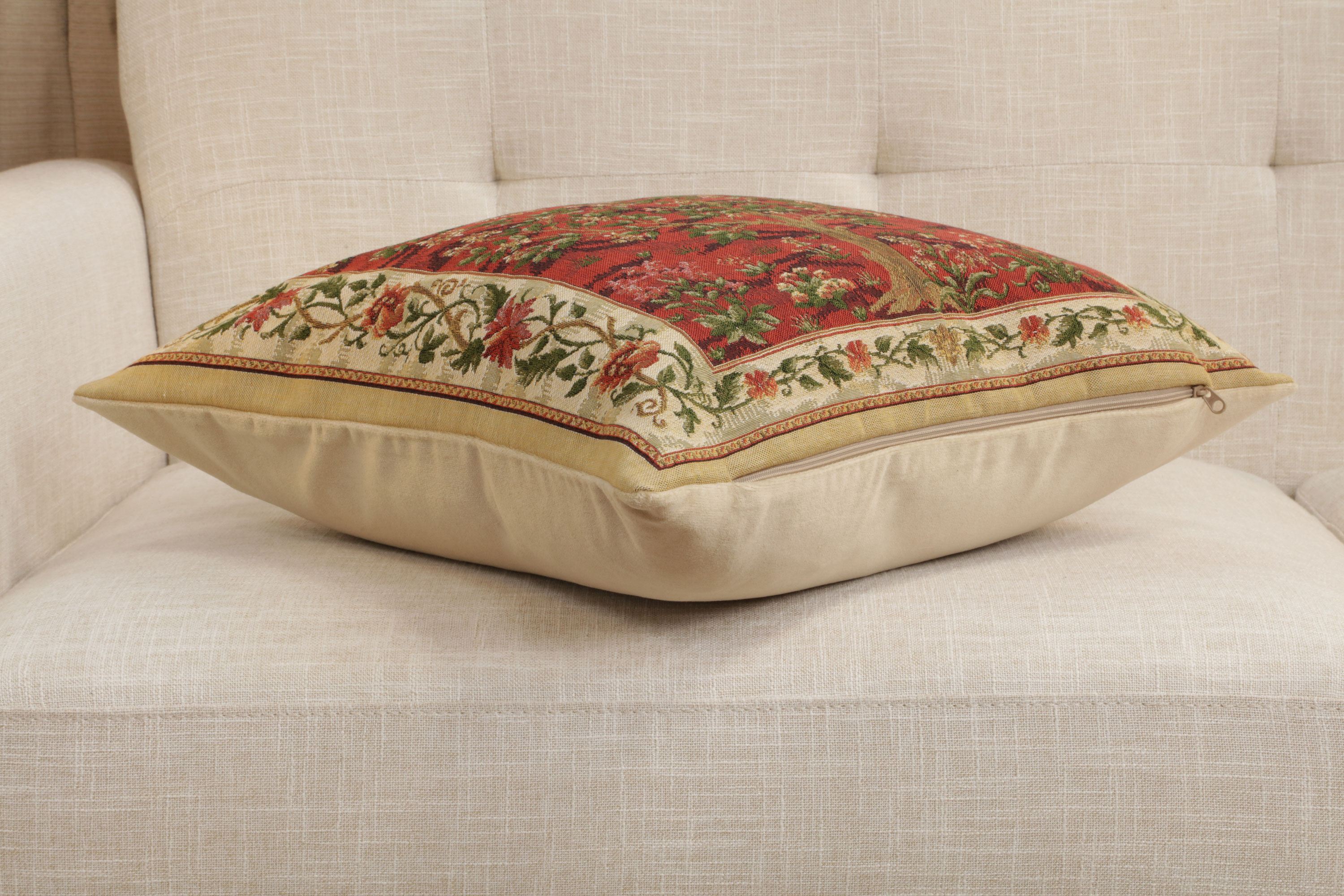 Red Tree of Life Belgian Tapestry Pillow Cover 18x18 inch 100% Cotton Belgian Jacquard Woven Cushion Cover