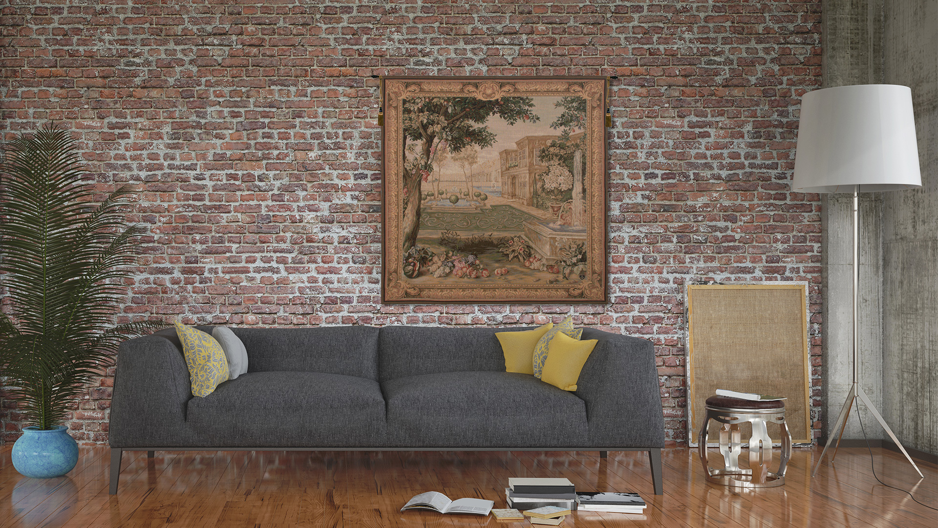 Verdure Fontaine Carree Vintage Tapestry Wall Hanging 58 x 58 in Jacquard Woven French Garden Landscape Wall Art