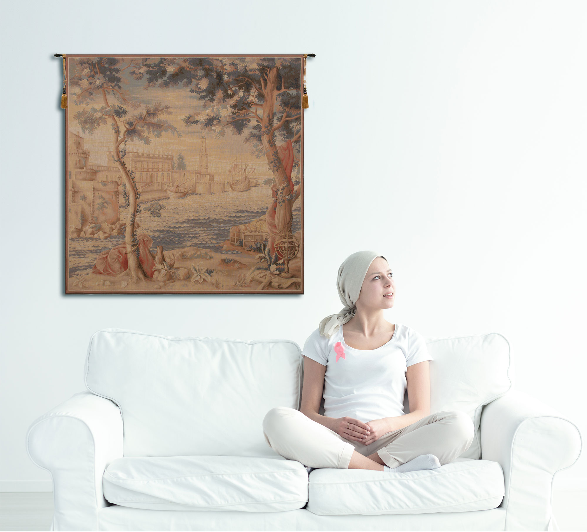 Le Port Vintage Tapestry Wall Hanging 58 x 58 in Jacquard Woven Harbor Landscape Wall Art
