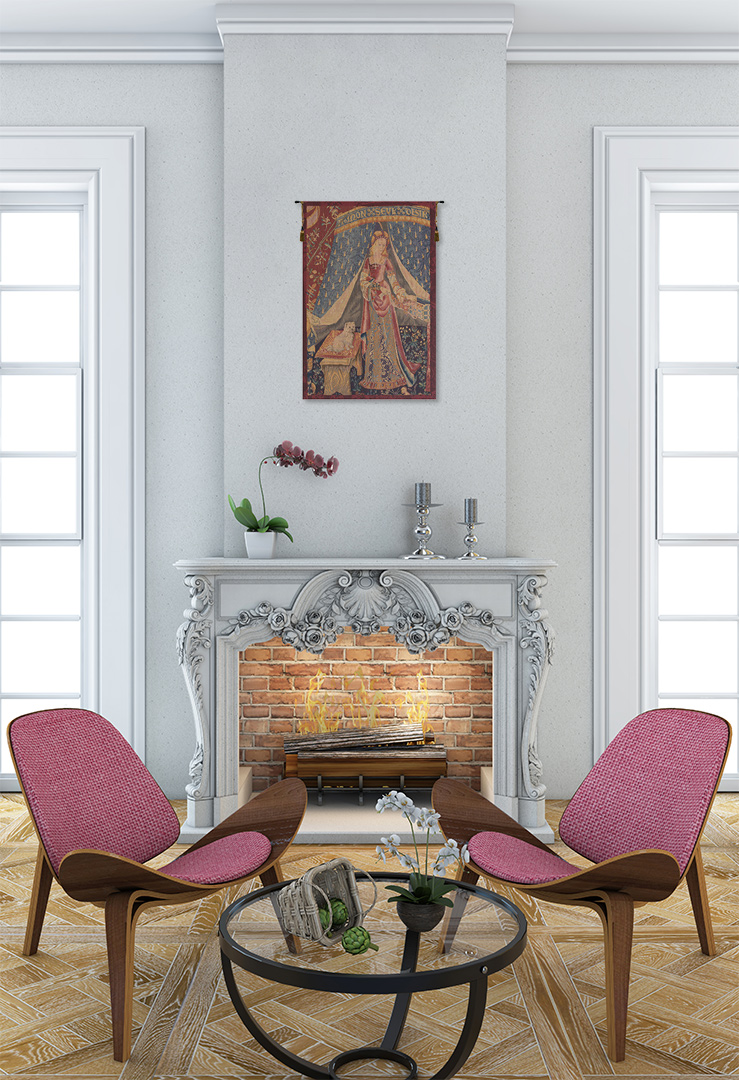 Medieval Dame au Chien I Vintage Tapestry Wall Hanging 29 x 19 in Jacquard Woven Lady and Dog Wall Art