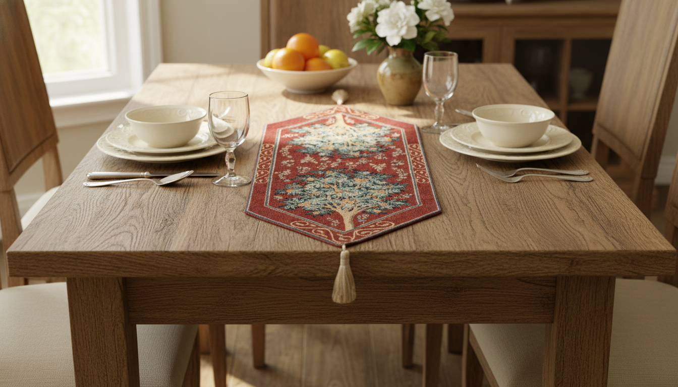 Orange Tree II French Jacquard Woven Table Runner 35x14 Inch Botanical Dining Decor