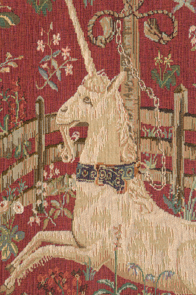 Medieval Licorne Captive Rouge Vintage Tapestry Wall Hanging 58 x 44 in Jacquard Woven Red Unicorn Millefleurs Wall Art