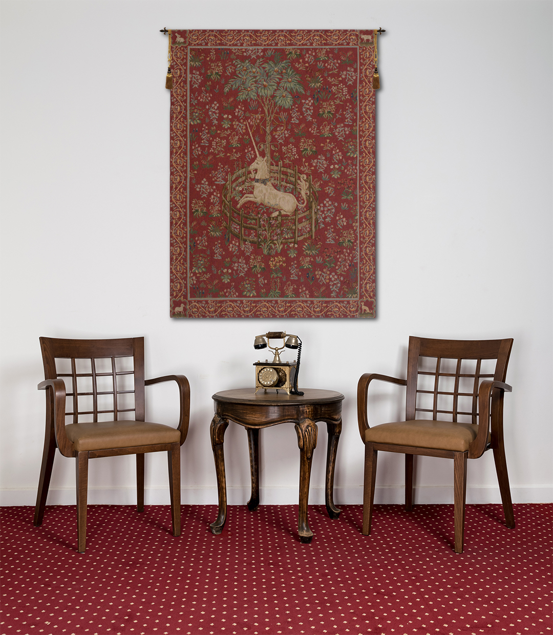 Medieval Licorne Captive Rouge Vintage Tapestry Wall Hanging 58 x 44 in Jacquard Woven Red Unicorn Millefleurs Wall Art