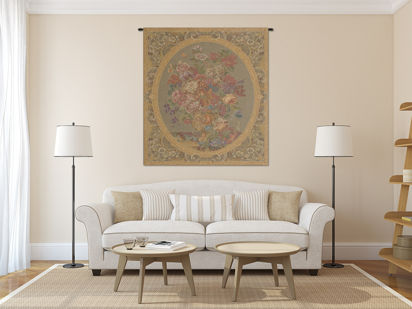 Floral Vase Cream Italian Tapestry Wall Hanging 15x12 Inch Cotton Jacquard Woven Wall Tapestry
