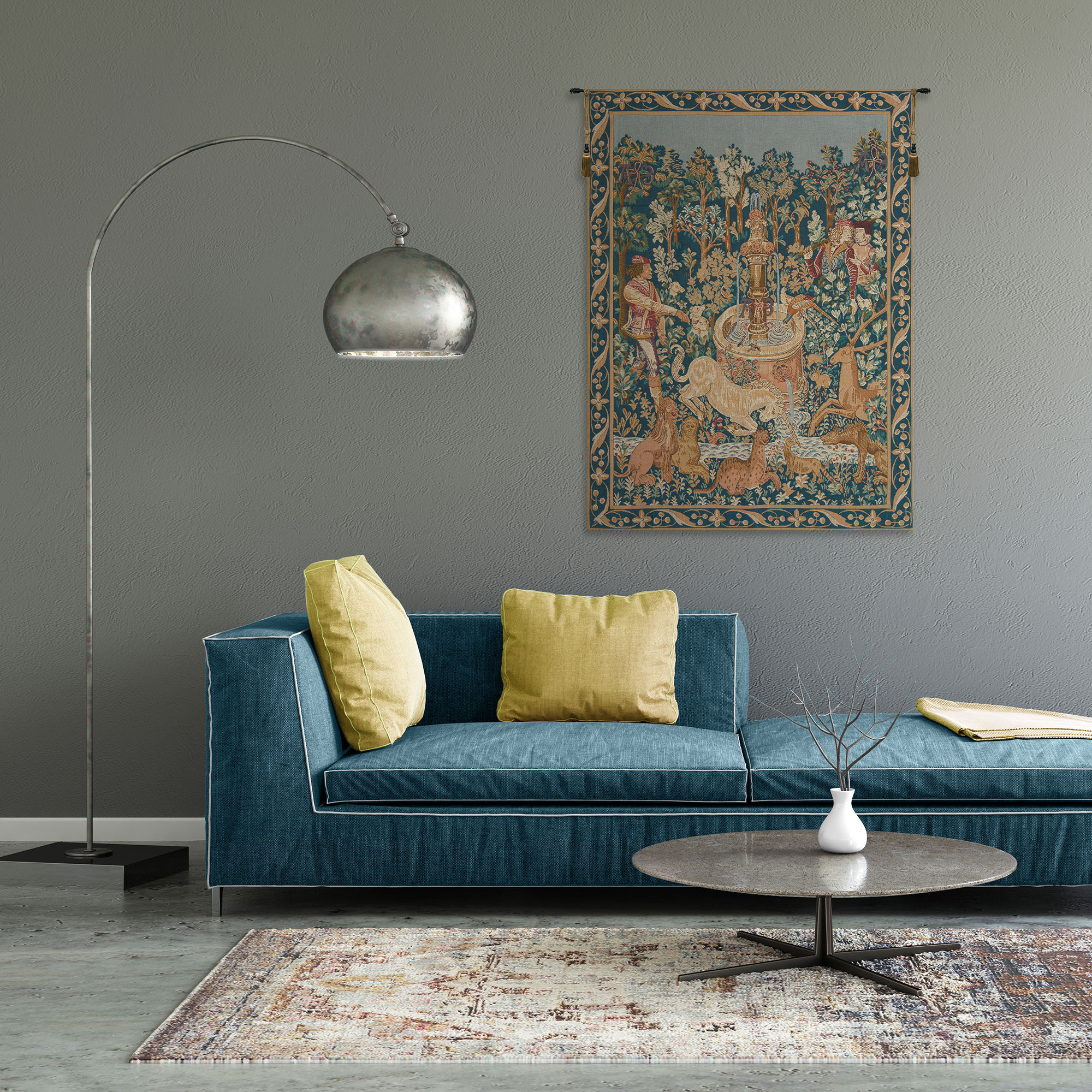 Medieval Licorne A La Fontaine Vintage Tapestry Wall Hanging 33 x 24 in