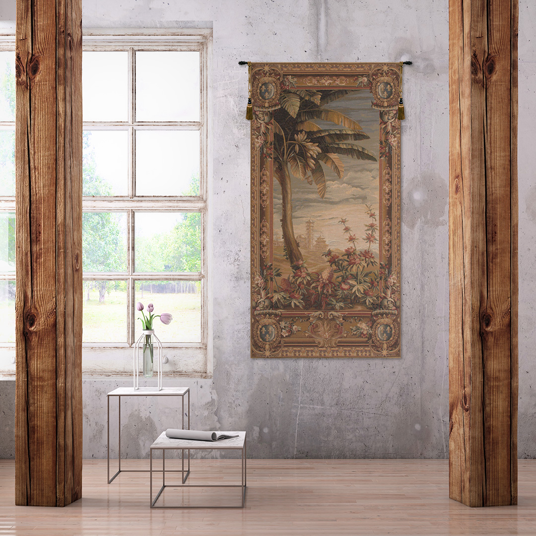 La Recolte Des Ananas Pagoda Door Floral Tapestry Wall Hanging 58 x 28 in Tropical Pineapple Chinoiserie Jacquard Woven Wall Art